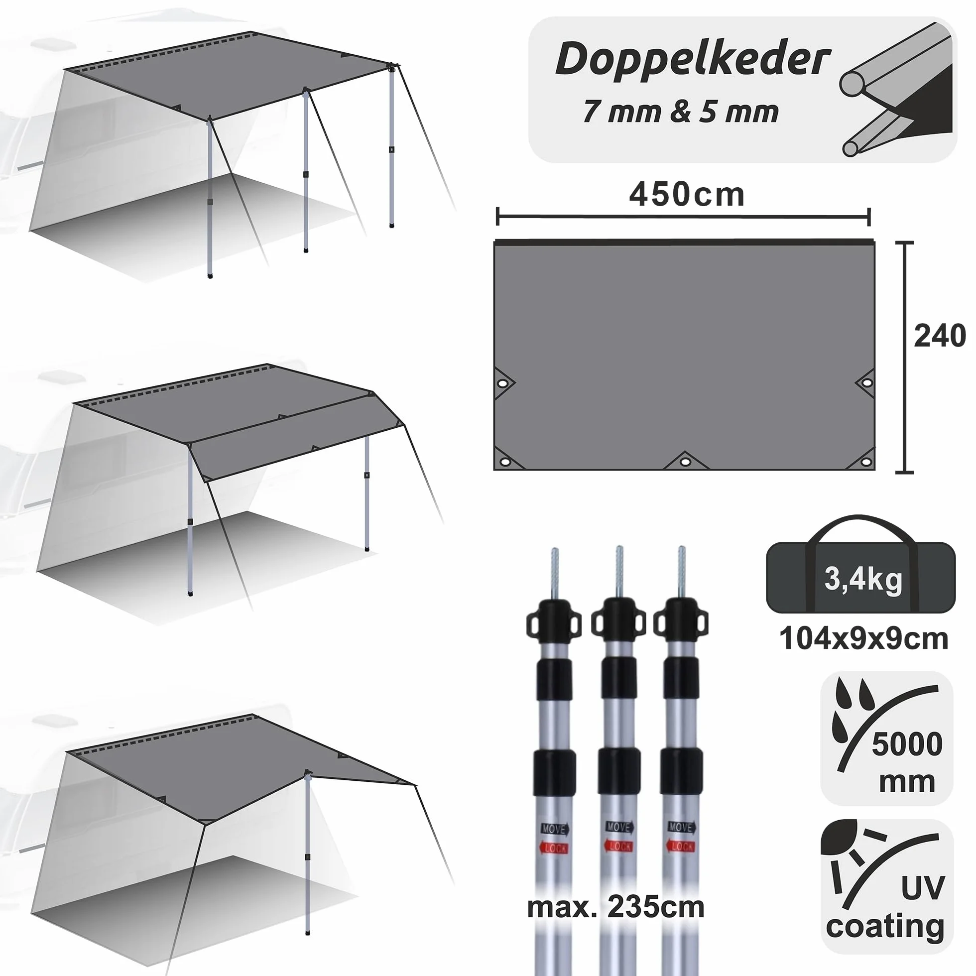 your GEAR Żagiel przeciwsłoneczny do przyczep kempingowych, 4,5 x 2,4 m, dach przeciwsłoneczny, w zestawie drążki do ustawiania, wodoszczelny, 5000 mm
