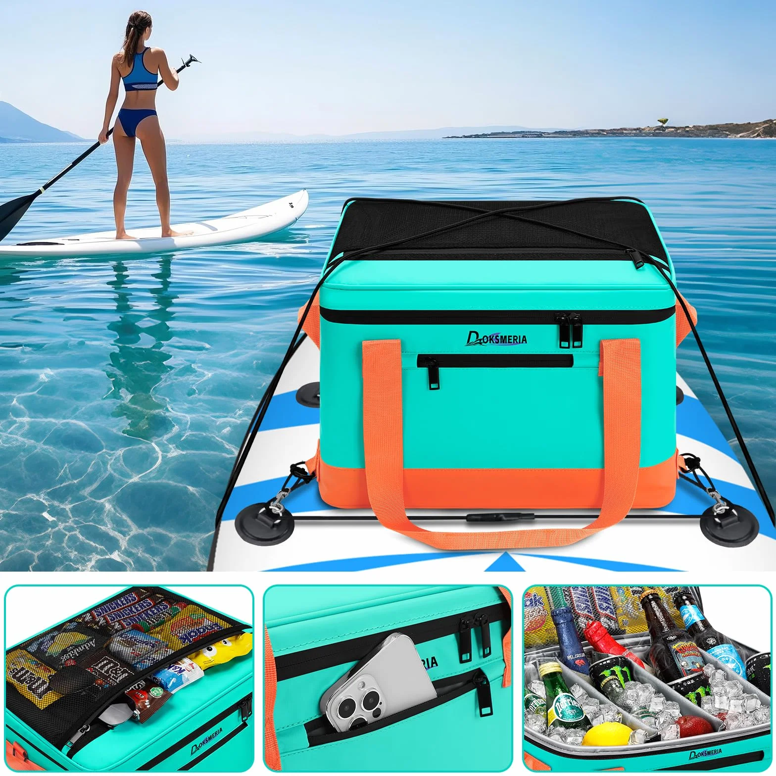 Paddle Board Cooler wodoszczelny, Super Capacity SUP Paddleboard Deck Cooler z paskiem na ramię i 6 elastycznymi klipsami na linki, torba na akcesoria do deski SUP i kajaka