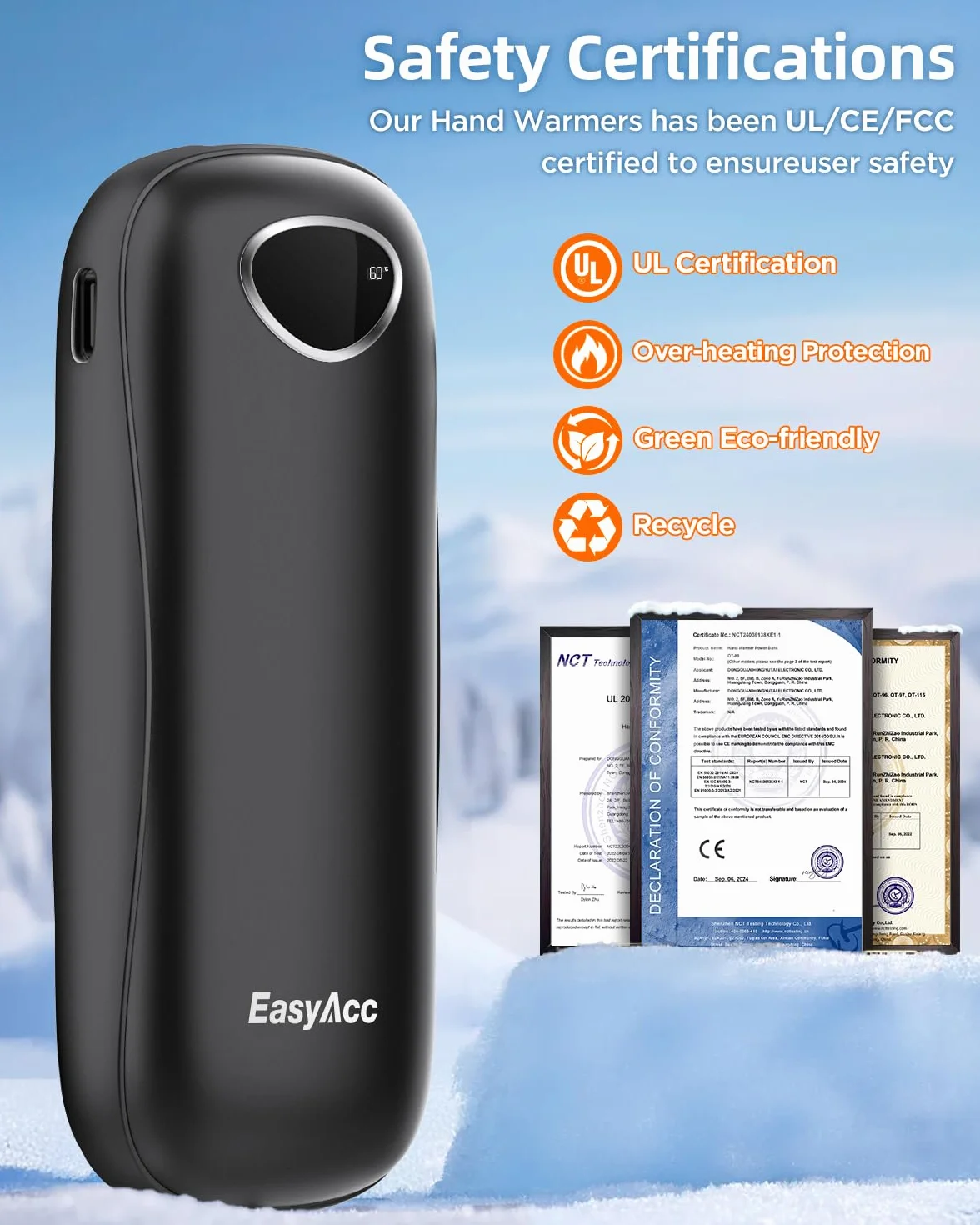 EasyAcc Ogrzewacz do rąk, wielokrotnego użytku, 2 x 5000 mAh Przenośny elektryczny ogrzewacz do rąk, wielokrotnego użytku, kieszonkowy / USB-C/Power Bank, prezent dla Raynauda Narciarstwa