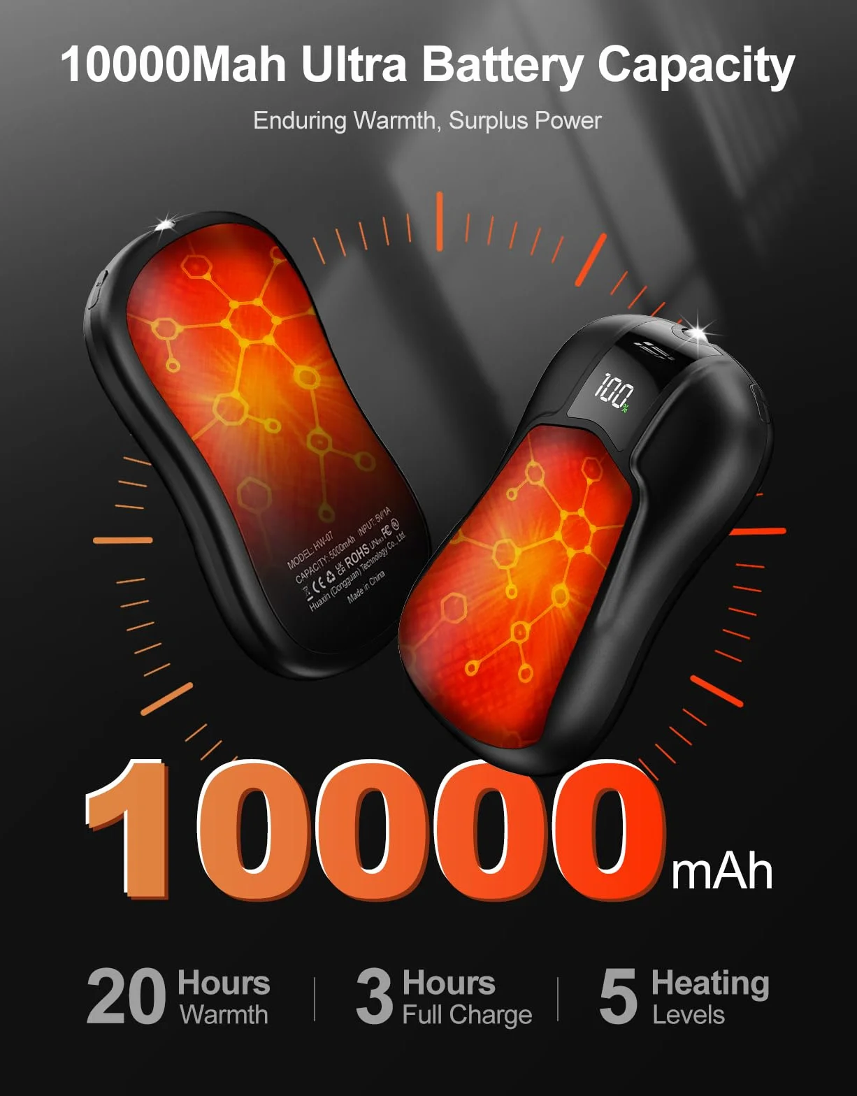 Zestaw 2 Szt. Ogrzewaczy Ręcznych, Czarny, Możliwość Ponownego Ładowania o Pojemności 10 000 mAh, z Dwustronnym Ogrzewaniem, 5 Ustawień Temperatury, do Użytku na Zewnątrz, na Kemping i Zimę