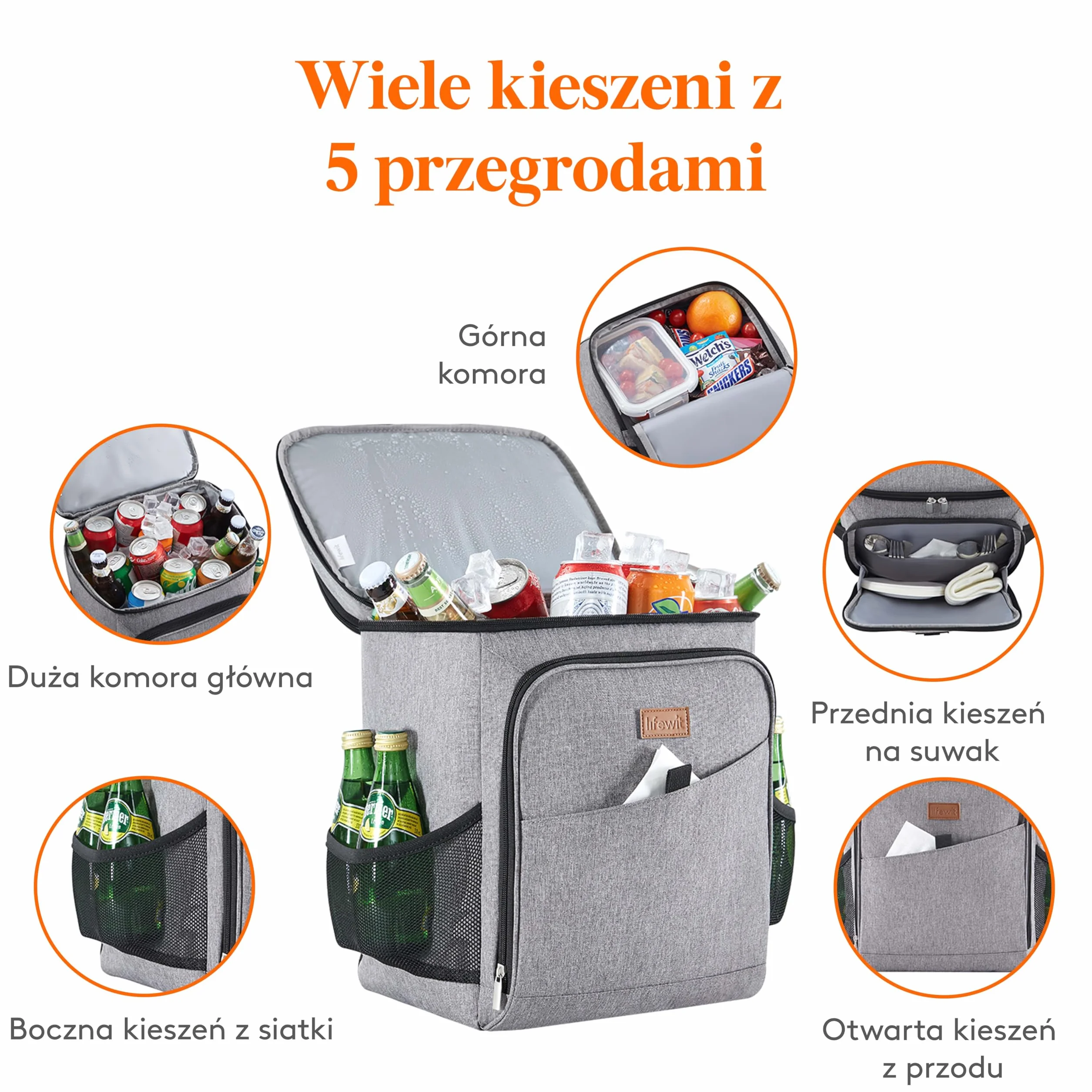 Lifewit 26l 34-kanałowa Izolowana Torba Chłodząca, Szczelna Plecak chłodzący Przenośna Lodówka Chłodziarka Na Żywność Dla Mężczyzn Kobiet Na Zewnątrz/piknik/plaża/bbq/camping/podróż/rodzina, Szary