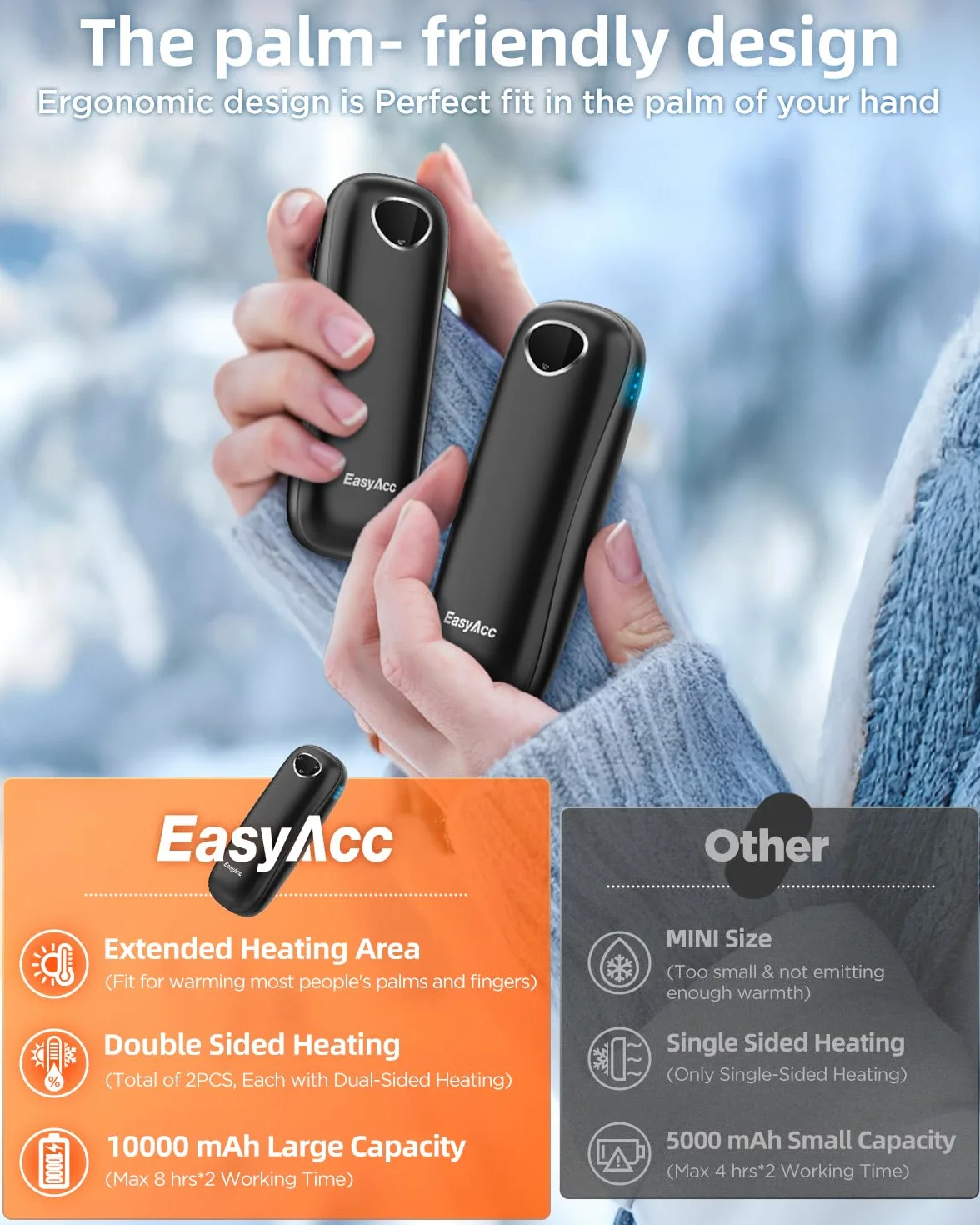 EasyAcc Ogrzewacz do rąk, wielokrotnego użytku, 2 x 5000 mAh Przenośny elektryczny ogrzewacz do rąk, wielokrotnego użytku, kieszonkowy / USB-C/Power Bank, prezent dla Raynauda Narciarstwa