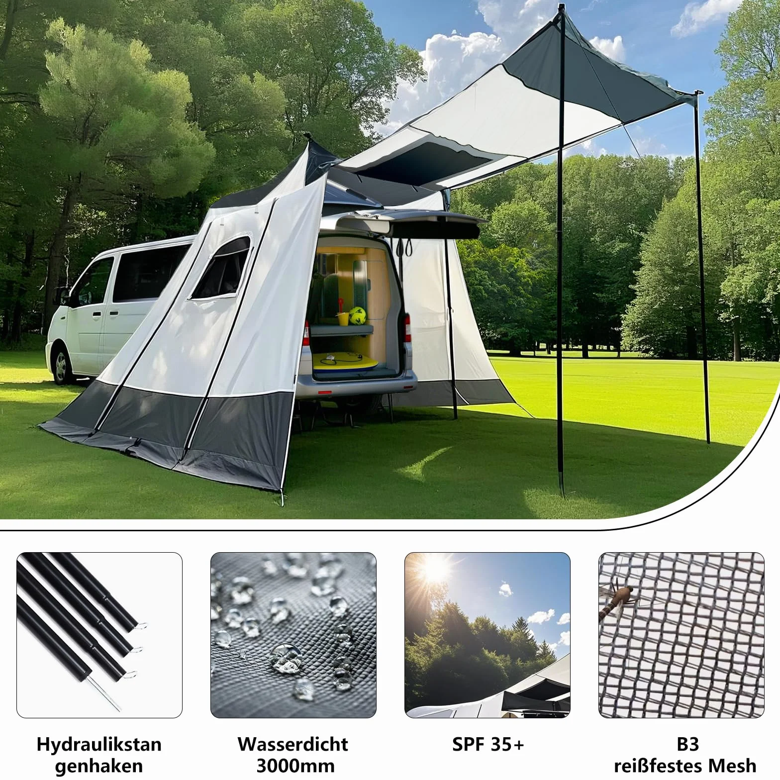 Namiot samochodowy 200 x 200 x 205 cm, namiot samochodowy do VW T5 T6, namiot na tylną klapę dla 2-3 osób, namiot tylny jest wodoszczelny do 3000 mm, SPF 35+, przedsionek samochodowy do VW T5 T6, Car
