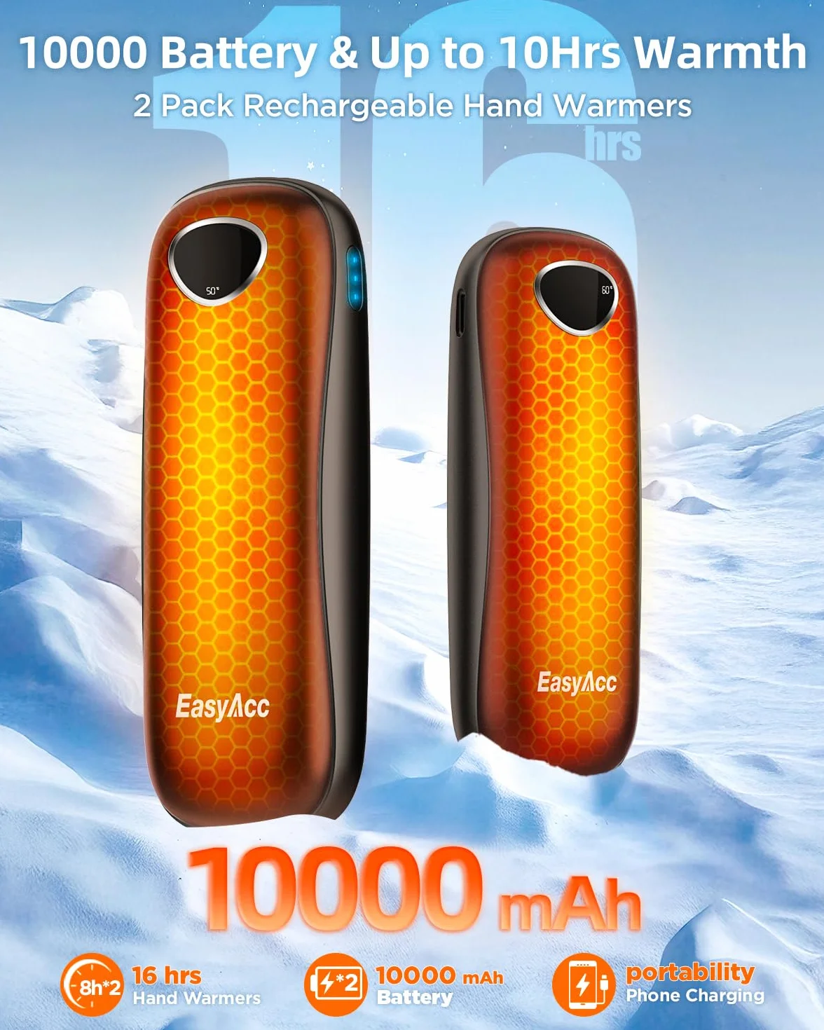 EasyAcc Ogrzewacz do rąk, wielokrotnego użytku, 2 x 5000 mAh Przenośny elektryczny ogrzewacz do rąk, wielokrotnego użytku, kieszonkowy / USB-C/Power Bank, prezent dla Raynauda Narciarstwa