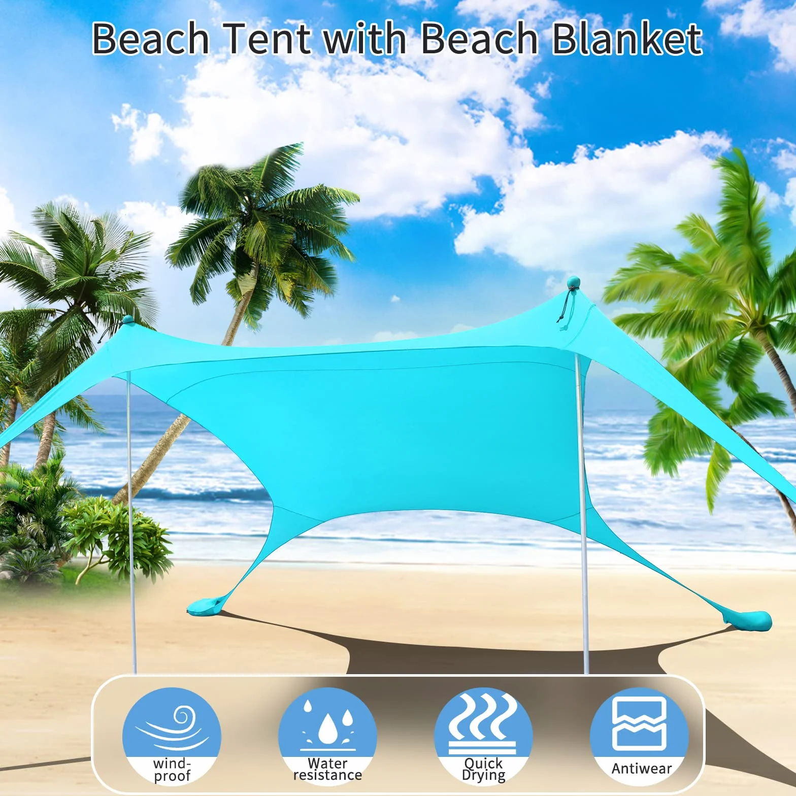 Strandzelt, Pop-Up, LSF 50, lycra, Sonnenschutz, für den Außenbereich, Anti-Wind, Sonnenschutz mit Stabilitätsstangen, Hinterhof mit Stranddecke, niebieski