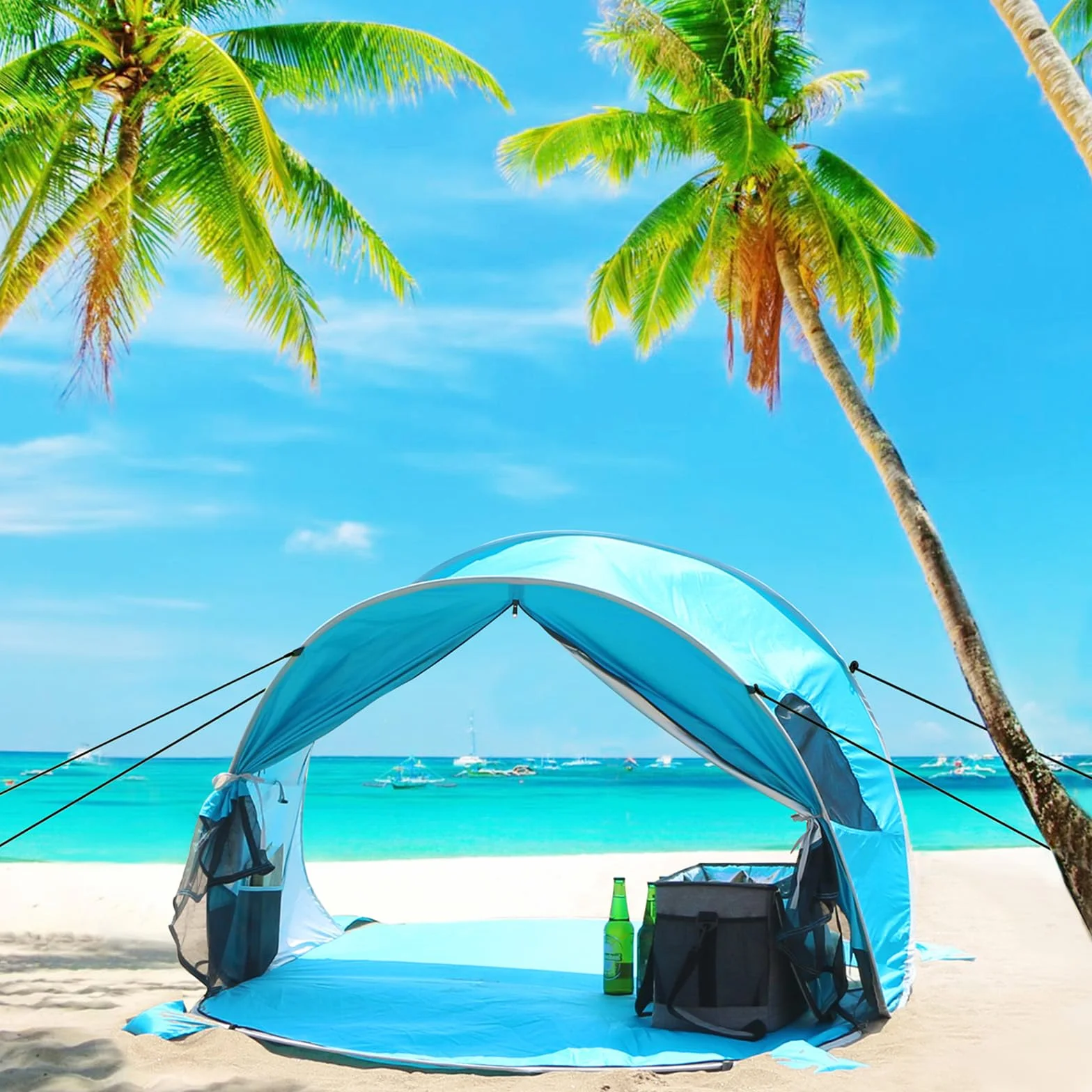 Wolfwise Pop Up 3-4 Personen Strandmuschel, UPF 50+ UV Schutz Familien Baby Strandzelt Sonnenschutz Schirm, Selbstaufbauend Tragbar Blau