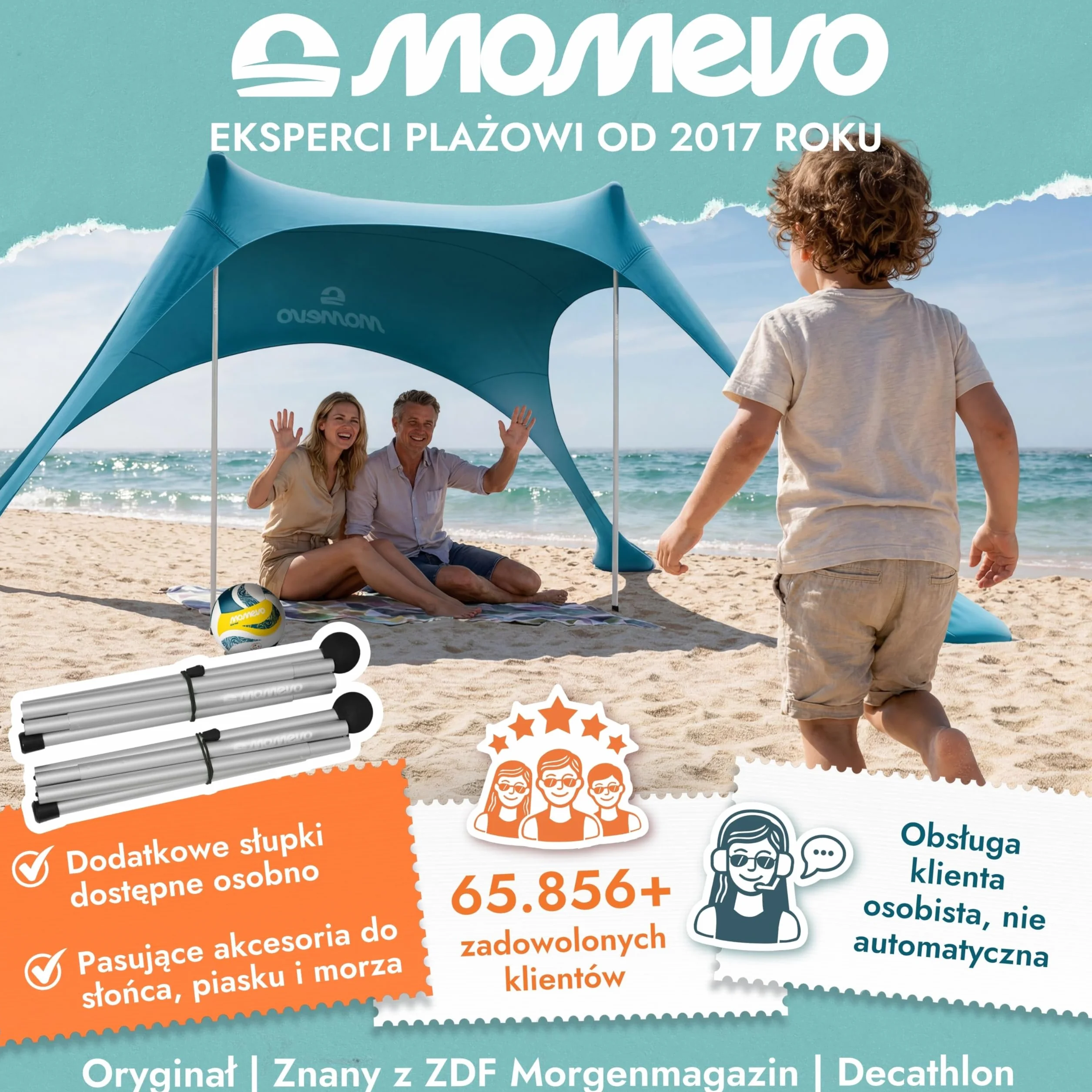 Sunsail Young Family namiot plażowy – żagiel przeciwsłoneczny na plażę z certyfikowaną ochroną UV UPF50+ (do 4 osób, kolor petrolowy)
