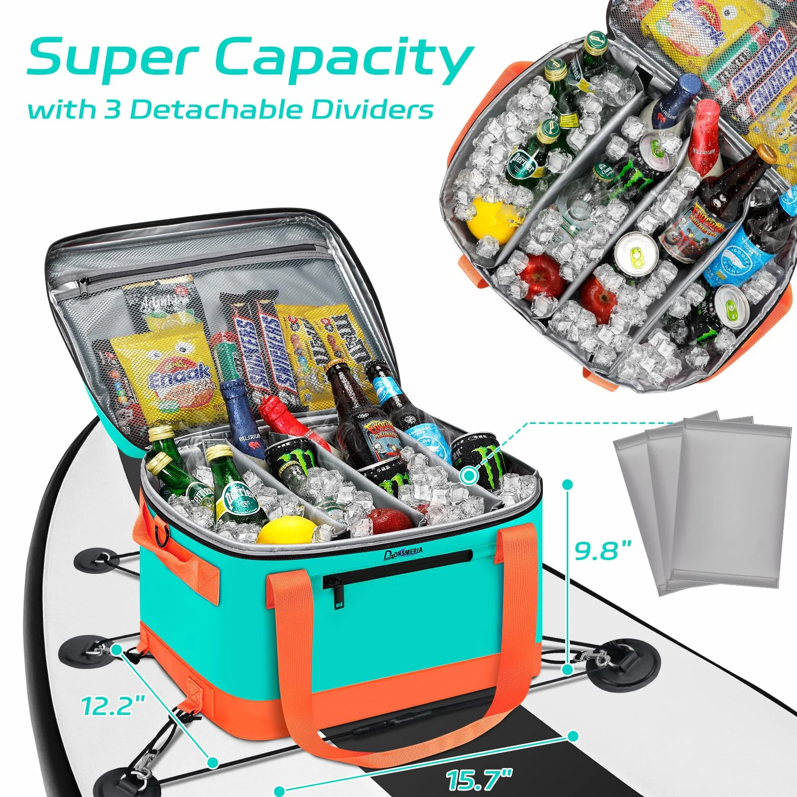 Paddle Board Cooler wodoszczelny, Super Capacity SUP Paddleboard Deck Cooler z paskiem na ramię i 6 elastycznymi klipsami na linki, torba na akcesoria do deski SUP i kajaka
