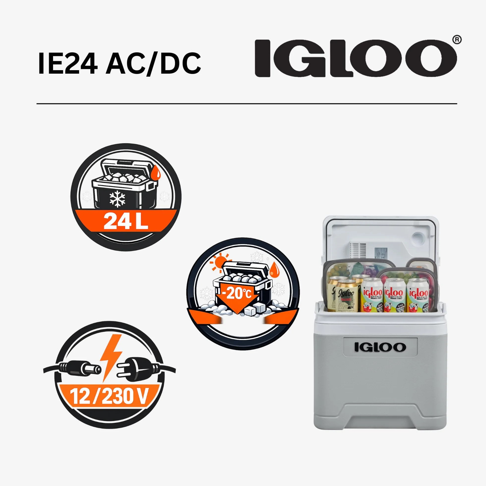 IGLOO IE24 AC/DC elektryczna lodówka 24L – 12/230V – Kompaktowa lodówka samochodowa do auta, kempingu, ciężarówki i łodzi – Lekka, przenośna i ze schowkiem na kabel