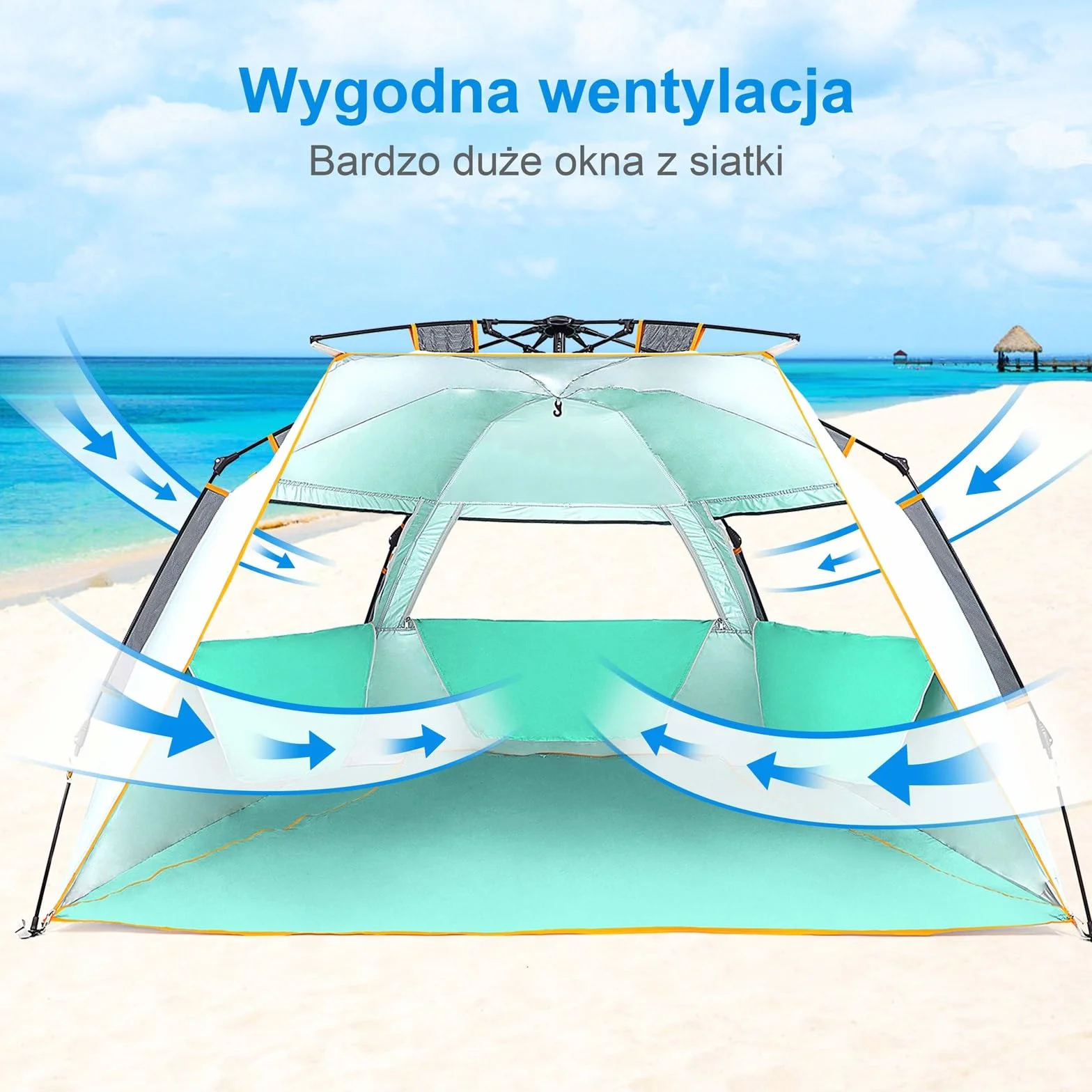 Wolfwise 3-4 Osobowy Namiot Plażowy Idealny w Góry Upf 50+ Przenośny Natychmiastowy z Parasolem Przeciwsłonecznym Z Przedłużonym Przedsionkiem Zapinanym Na Zamek, Miętowa zieleń