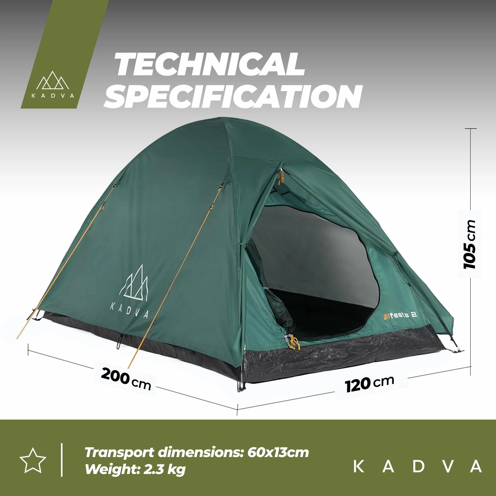 KADVA Namiot kempingowy Festa 2, 200 x 120 x 105 cm, dla 2 osób, z moskitierą, wodoszczelny, lekki i wytrzymały stelaż z włókna szklanego, idealny na kemping i wędrówki