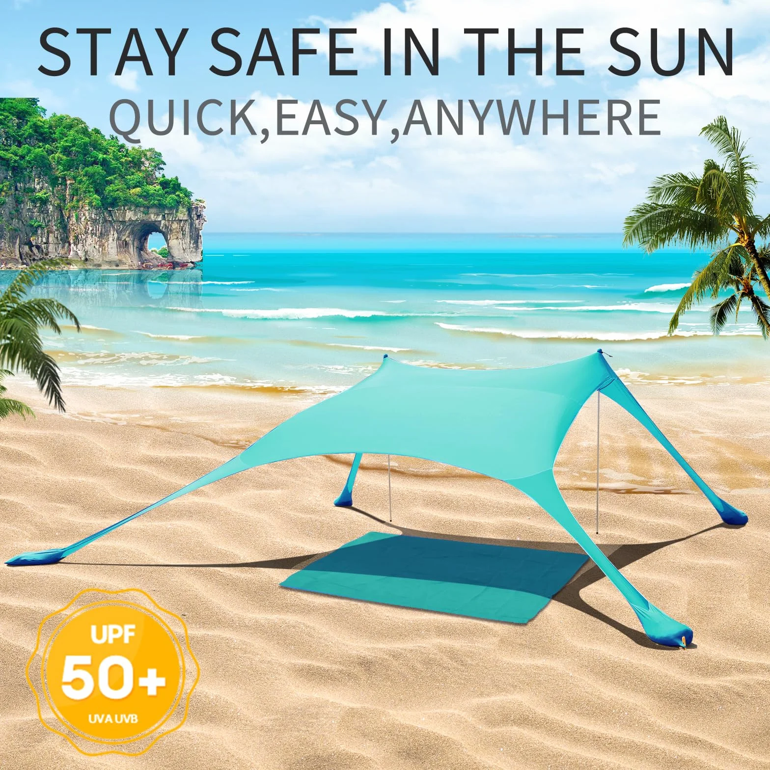 Namiot plażowy UPF50+ ochrona przed promieniowaniem UV, mały namiot przeciwsłoneczny z 2 drążkami, na kemping, plażę, wędkowanie, podwórko i piknik, turkusowy