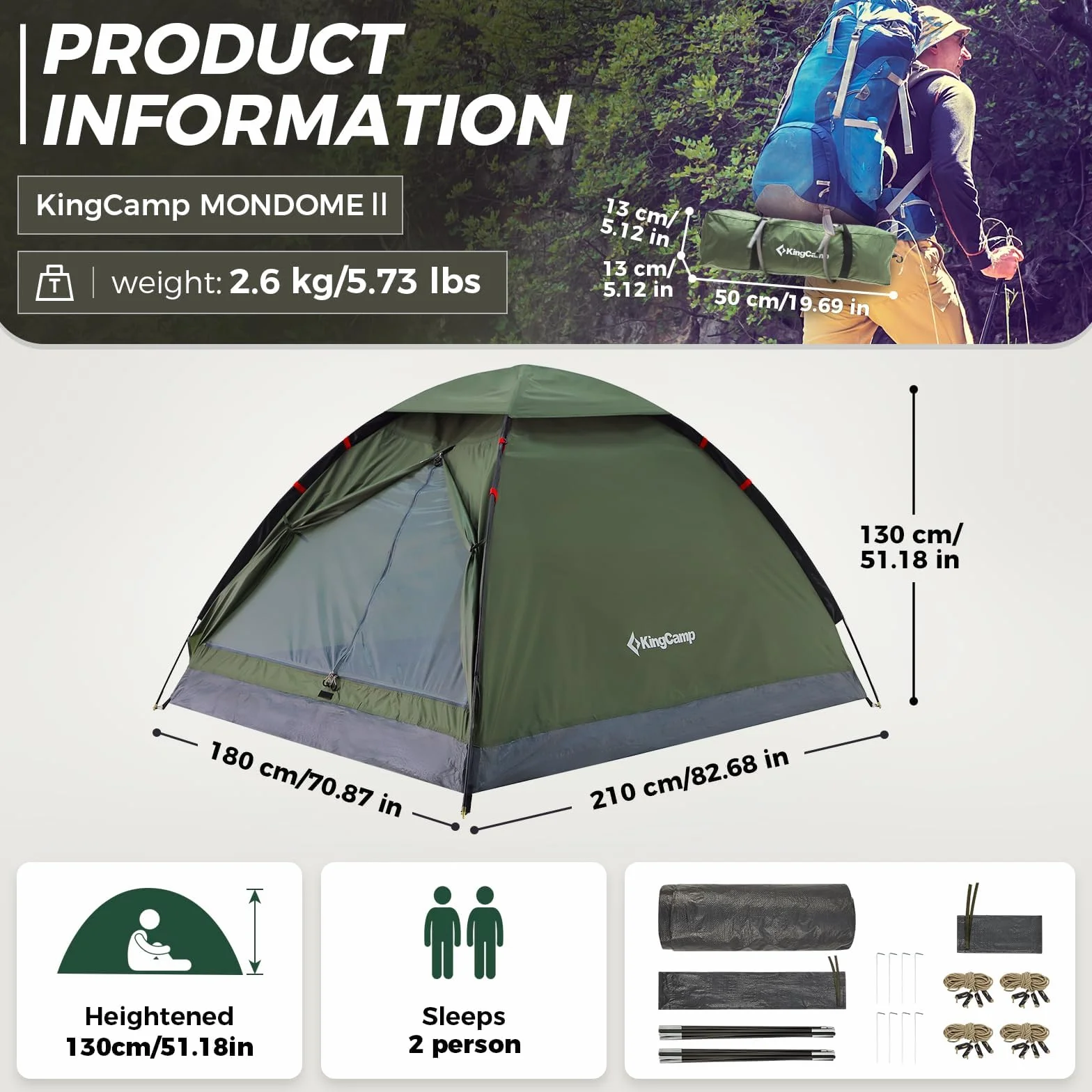 KingCamp MONDOME II namiot kempingowy dla 2 osób, ultralekki, wodoodporny namiot kopułowy, kompaktowy i przyjazny dla plecaka, idealny namiot na kemping, trekking i do aktywności na świeżym powietrzu
