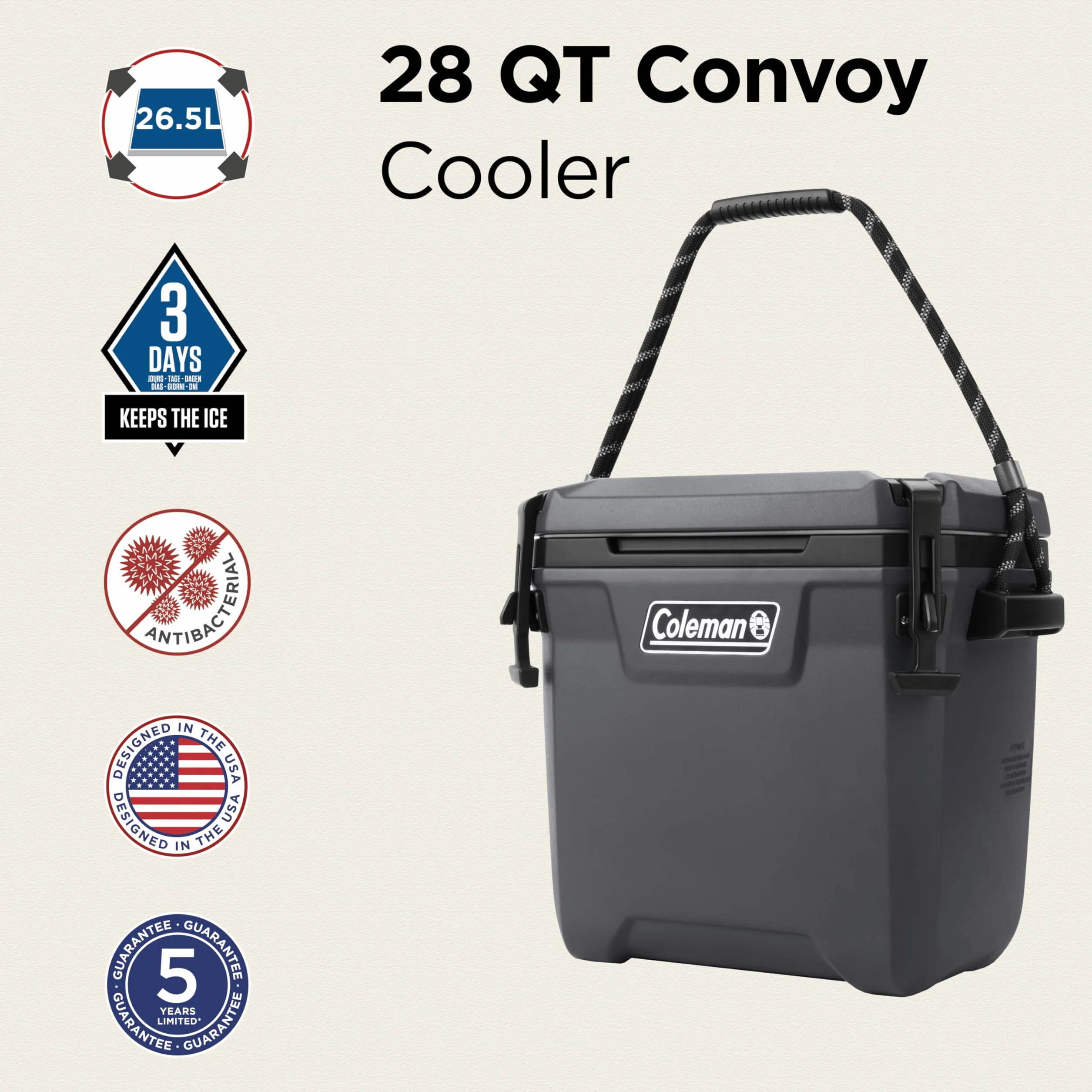 Coleman Convoy wysokowydajna lodówka | pojemność 27 l – 22 l | utrzymuje lód do 5 dni | izolacja z pianki | duża, przenośna skrzynka na lód do trudnych zastosowań na zewnątrz i na budowach