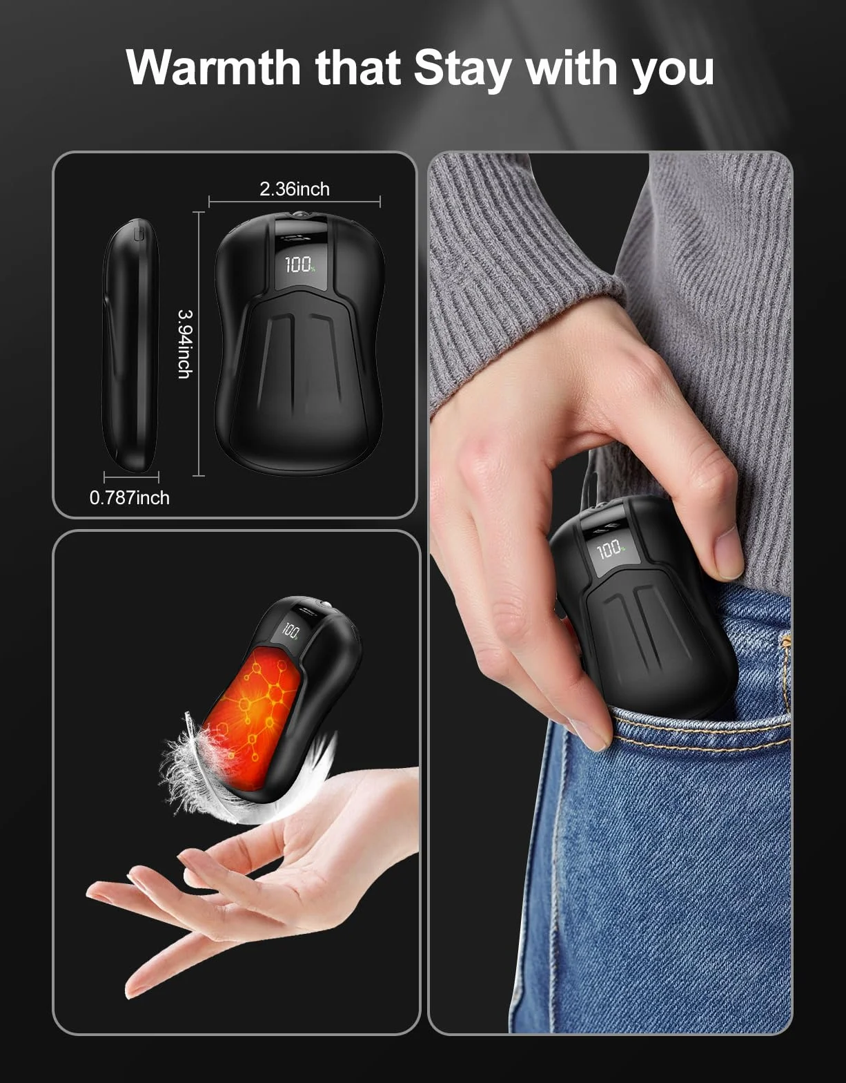 Zestaw 2 Szt. Ogrzewaczy Ręcznych, Czarny, Możliwość Ponownego Ładowania o Pojemności 10 000 mAh, z Dwustronnym Ogrzewaniem, 5 Ustawień Temperatury, do Użytku na Zewnątrz, na Kemping i Zimę