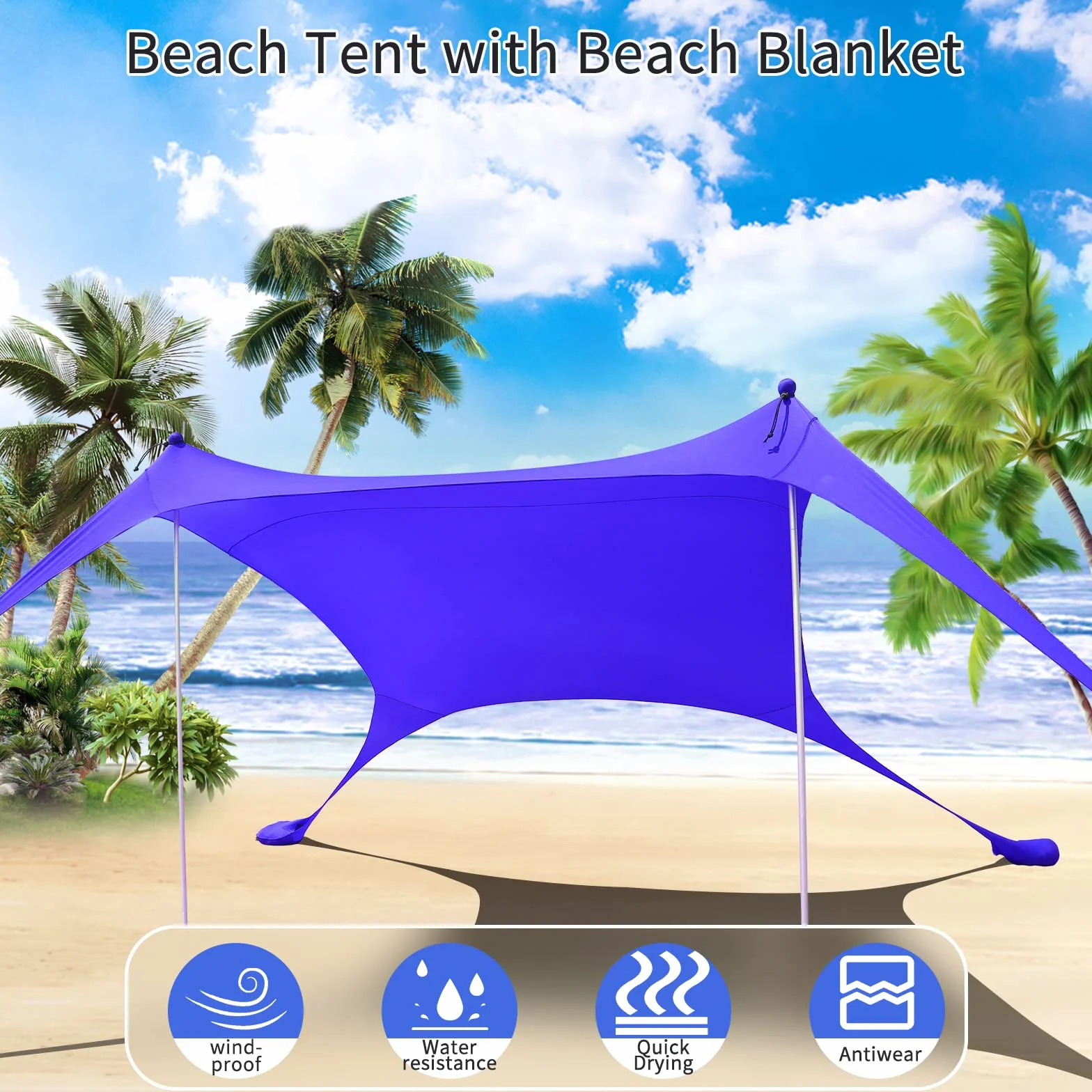 namiot plażowy, Pop-Up, 2x2,1 m, LSF 50, Lycra, ochrona przed słońcem, do użytku na zewnątrz, antywiatrowy, ochrona przed słońcem z prętami stabilizującymi, podwórko z plażową poszewką