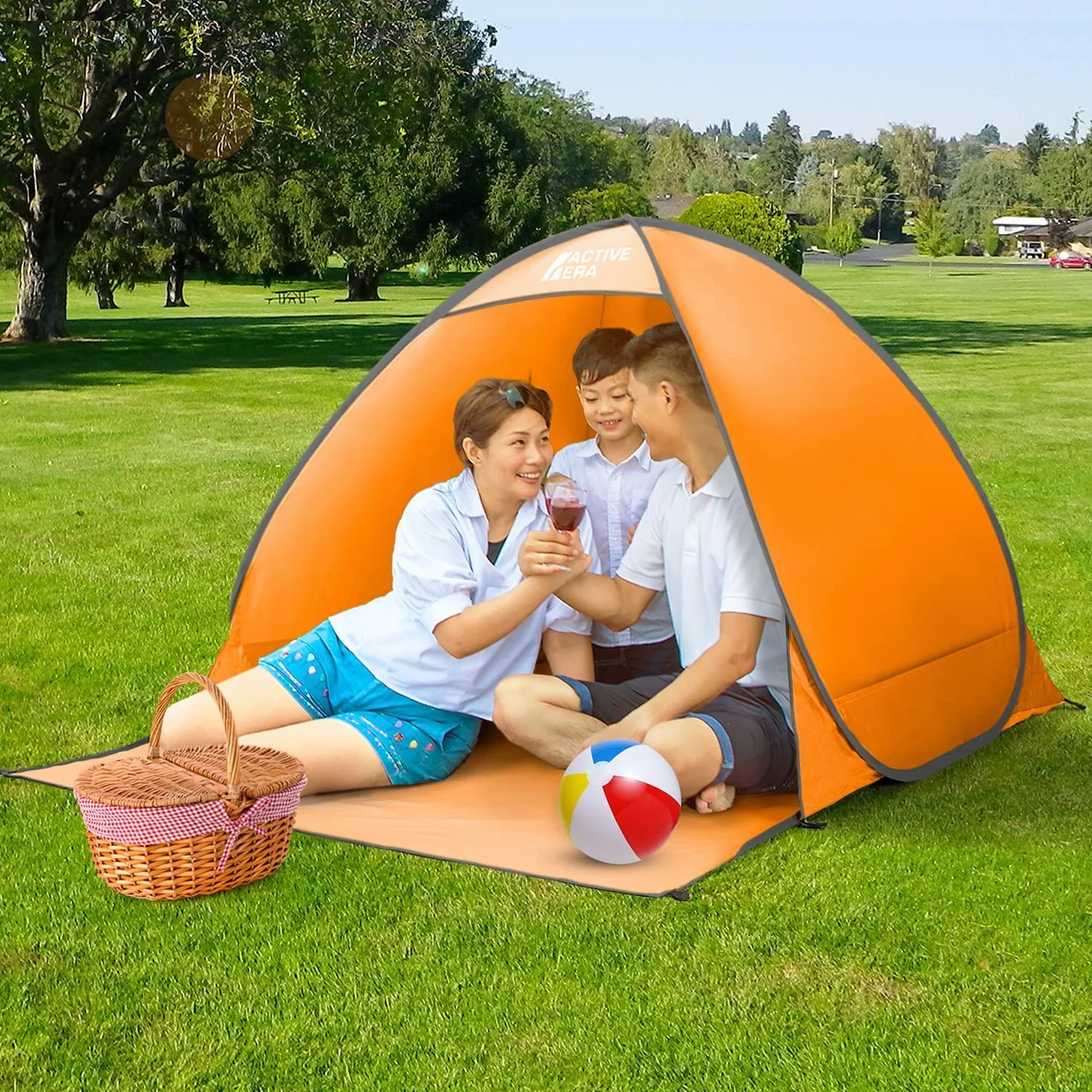 Namiot Plażowy Pop-Up, Samorozkładający, 2 3 Osobowy, Ogrodowy Dla Dzieci Na Plażę Dorosłych, Kempingowy Rozkładany Lekki Przeciwsłoneczny UPF 50+, z Moskitierą, Osłona przed Promieniowaniem, Pomarańczowy