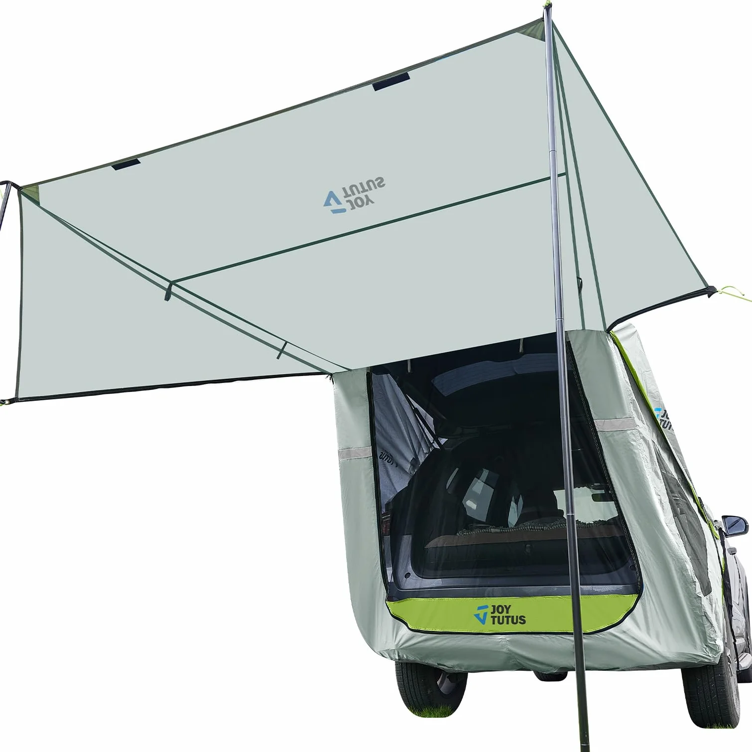 JOYTUTUS Namiot na tylną klapę SUV z trójstronnym zadaszeniem i drążkami, wodoodporny namiot kempingowy SUV z osłoną dachu, uniwersalne dopasowanie do większości samochodów, szaro-zielony