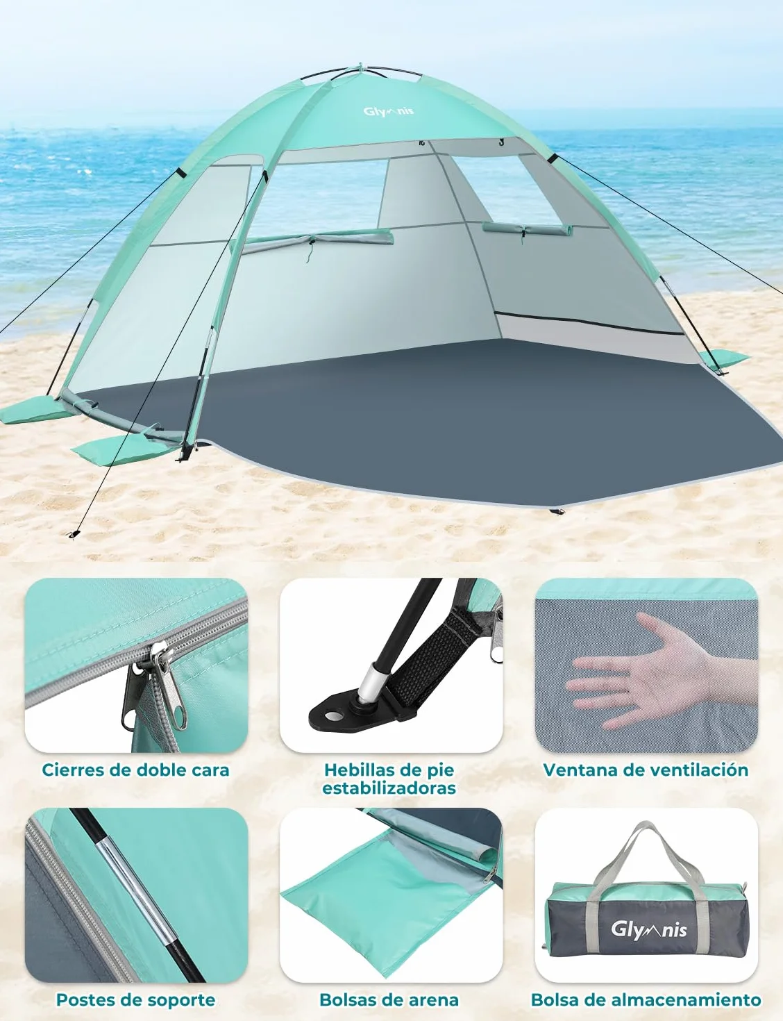 Glymnis Namiot plażowy z 2 drzwiami z zamkiem błyskawicznym, ochrona przed promieniowaniem UV UPF50+, ochrona przed wiatrem, mały rozmiar po spakowaniu, namiot plażowy dla 2-3 osób