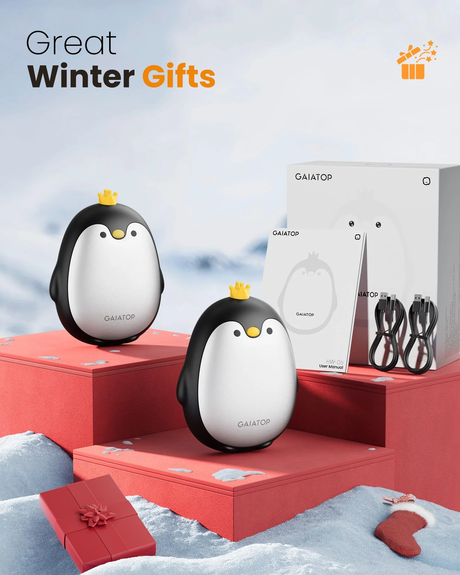 Gaiatop Magnetic Hand Warmers Rechargeable 2 Pack, 3 Settings Pocket-Sized Cute Penguin, Fast Hot Hands Wielokrotnego użytku przenośny elektryczny podgrzewacz