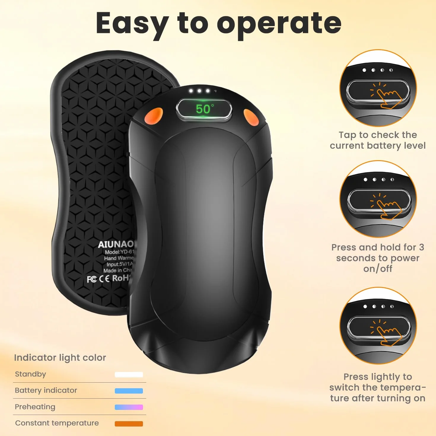 AIUNAOM 2 w 1 Magnetyczne Ogrzewacze- 3 Stopniami Grzania (45°C/50°C/55°C) & Szybkim Nagrzewaniem, 5000mAh, Kompaktowy i Przenośny z Magnesem, na Zewnątrz i do Pracy