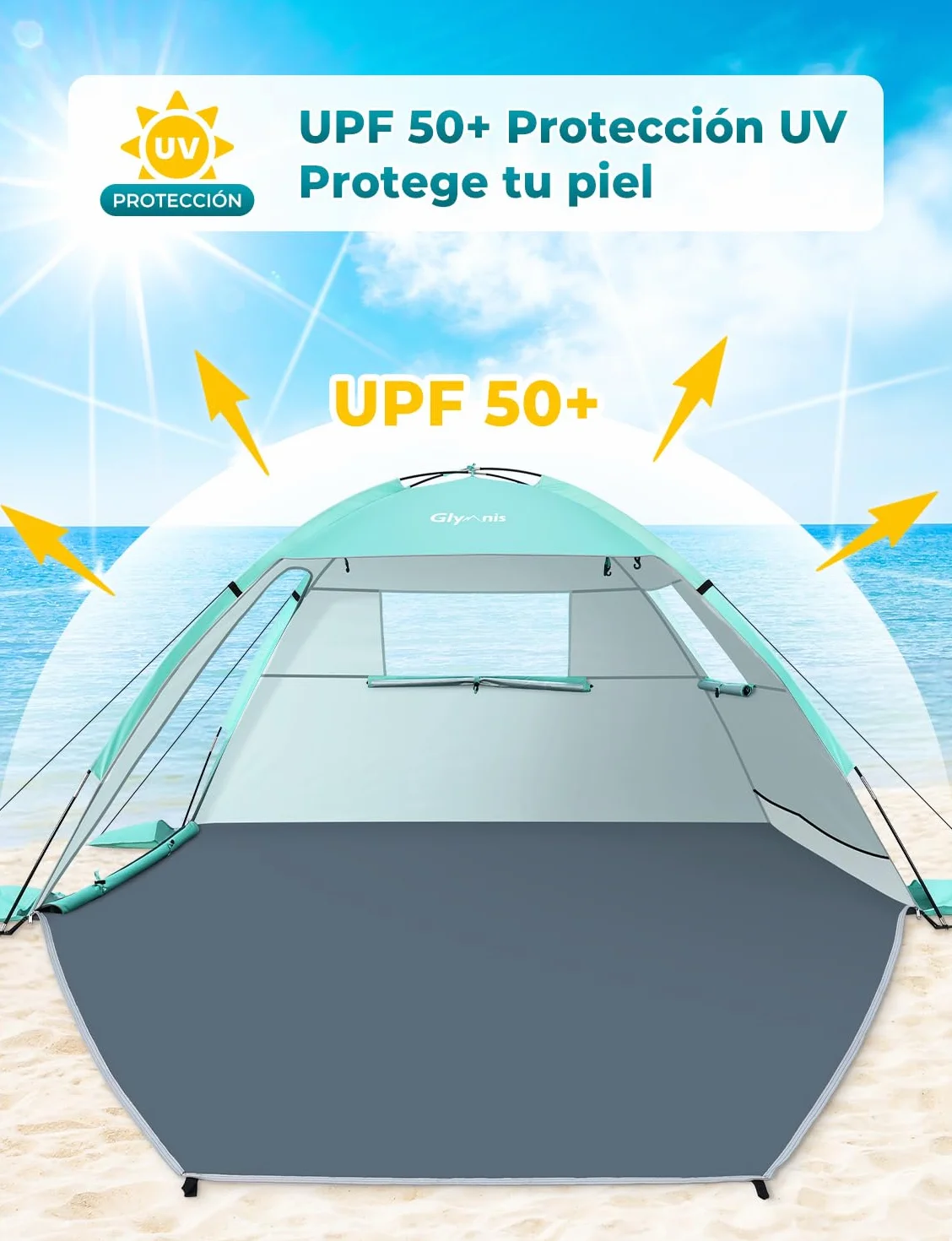 Glymnis Namiot plażowy z 2 drzwiami z zamkiem błyskawicznym, ochrona przed promieniowaniem UV UPF50+, ochrona przed wiatrem, mały rozmiar po spakowaniu, namiot plażowy dla 2-3 osób