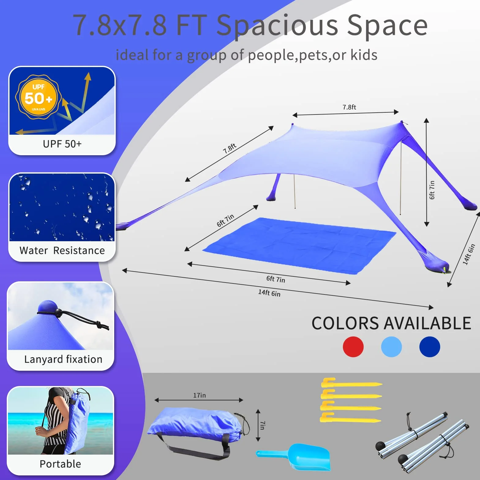 namiot plażowy, Pop-Up, 2x2,1 m, LSF 50, Lycra, ochrona przed słońcem, do użytku na zewnątrz, antywiatrowy, ochrona przed słońcem z prętami stabilizującymi, podwórko z plażową poszewką