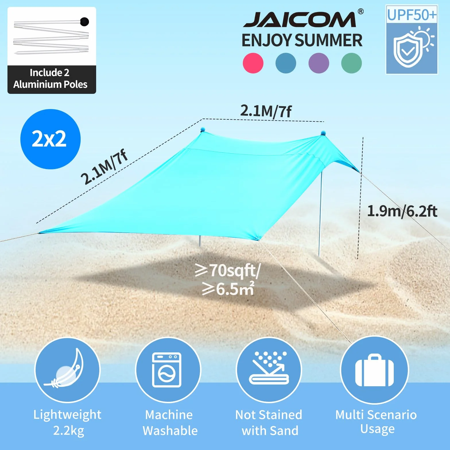 JAICOM Namiot plażowy, 2,1 x 2,1 m parasol plażowy, odporny na promieniowanie UV domek plażowy UPF 50+ z aluminiowymi drążkami, idealny na plaże, pikniki, wędkowanie