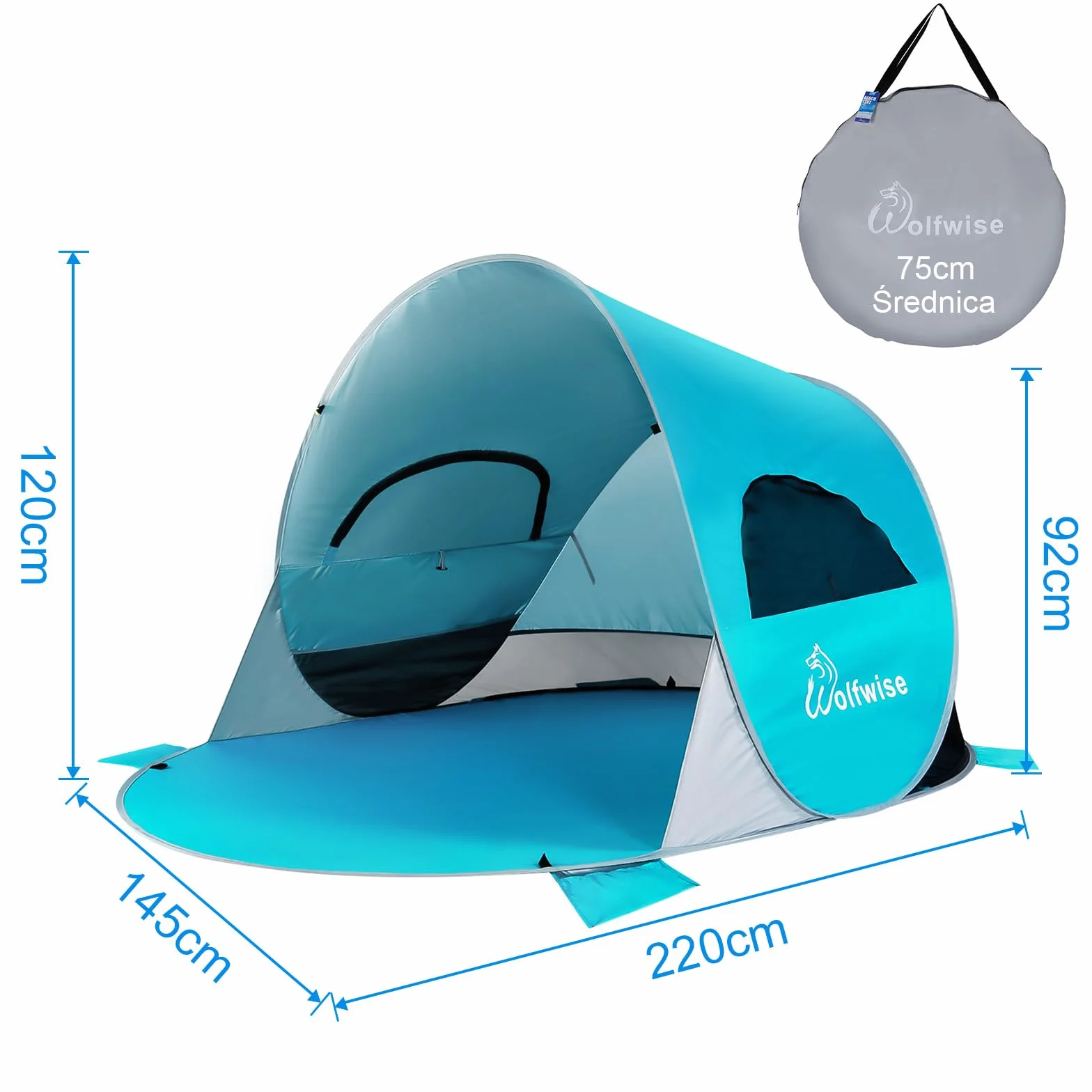 Wolfwise Pop Up 3-4 Personen Strandmuschel, UPF 50+ UV Schutz Familien Baby Strandzelt Sonnenschutz Schirm, Selbstaufbauend Tragbar Blau