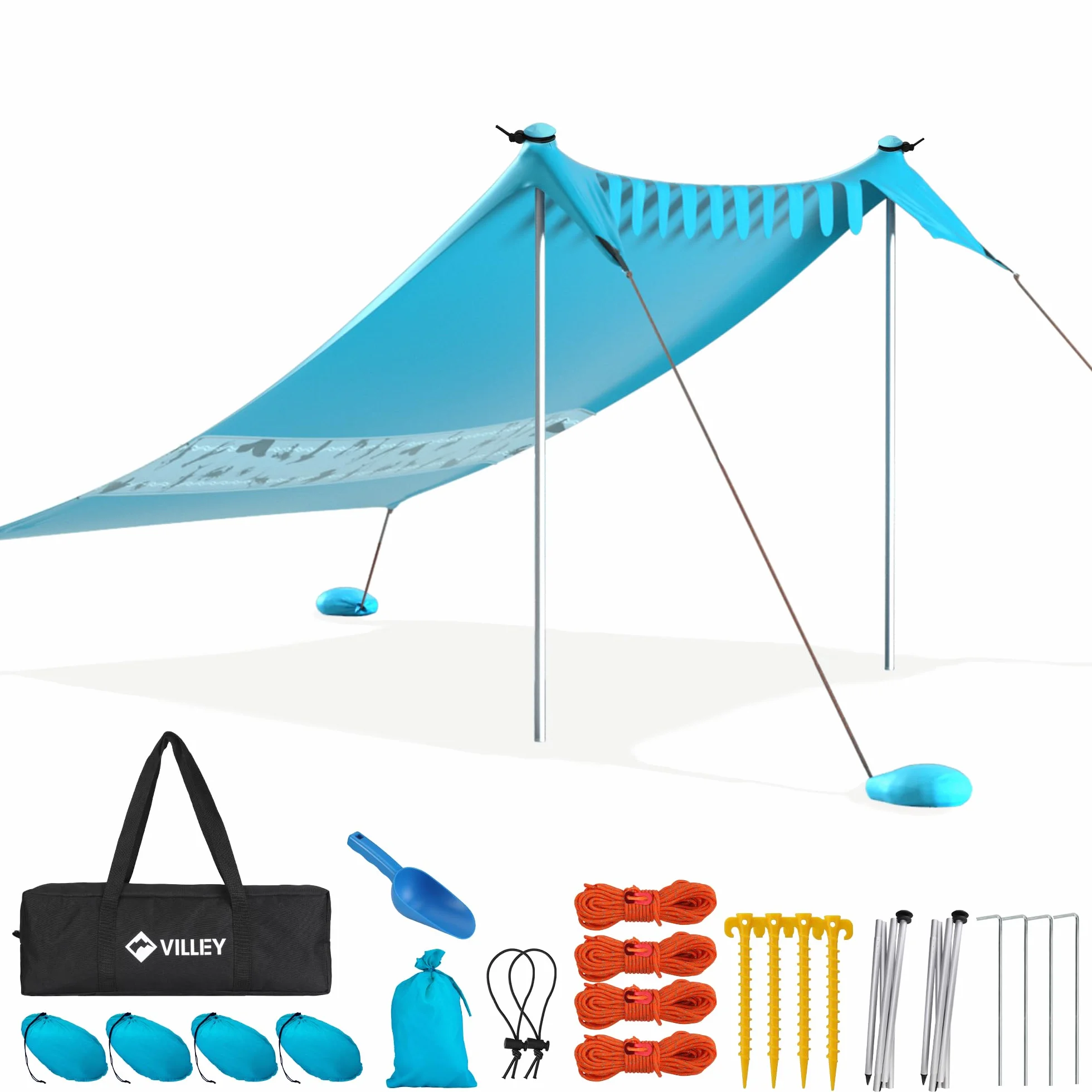 VILLEY Namiot plażowy dla 1-3 osób, przenośny schronienie plażowe 2,4 m x 2 m z 2 aluminiowymi drążkami, UPF50+ abażur plażowy ze wzmocnionymi narożnikami, idealny na plażę, kemping, piknik (niebieski