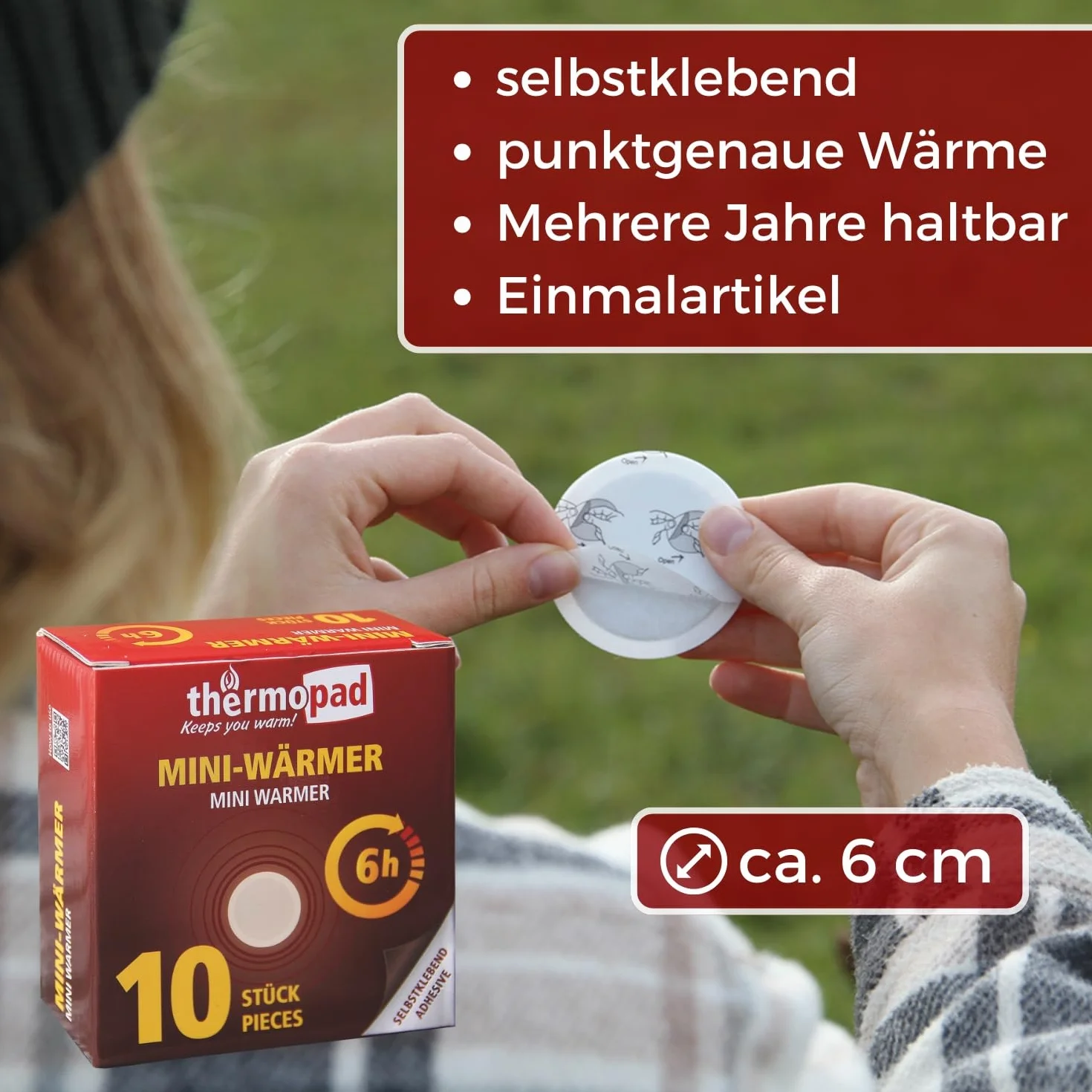 THERMOPAD Mini ogrzewacz – opakowanie 10 podkładek termicznych o średnicy 6 cm – do zastosowania jako ogrzewacz do czapek, ogrzewacz do rękawic – punktowe ciepło do 6 godzin