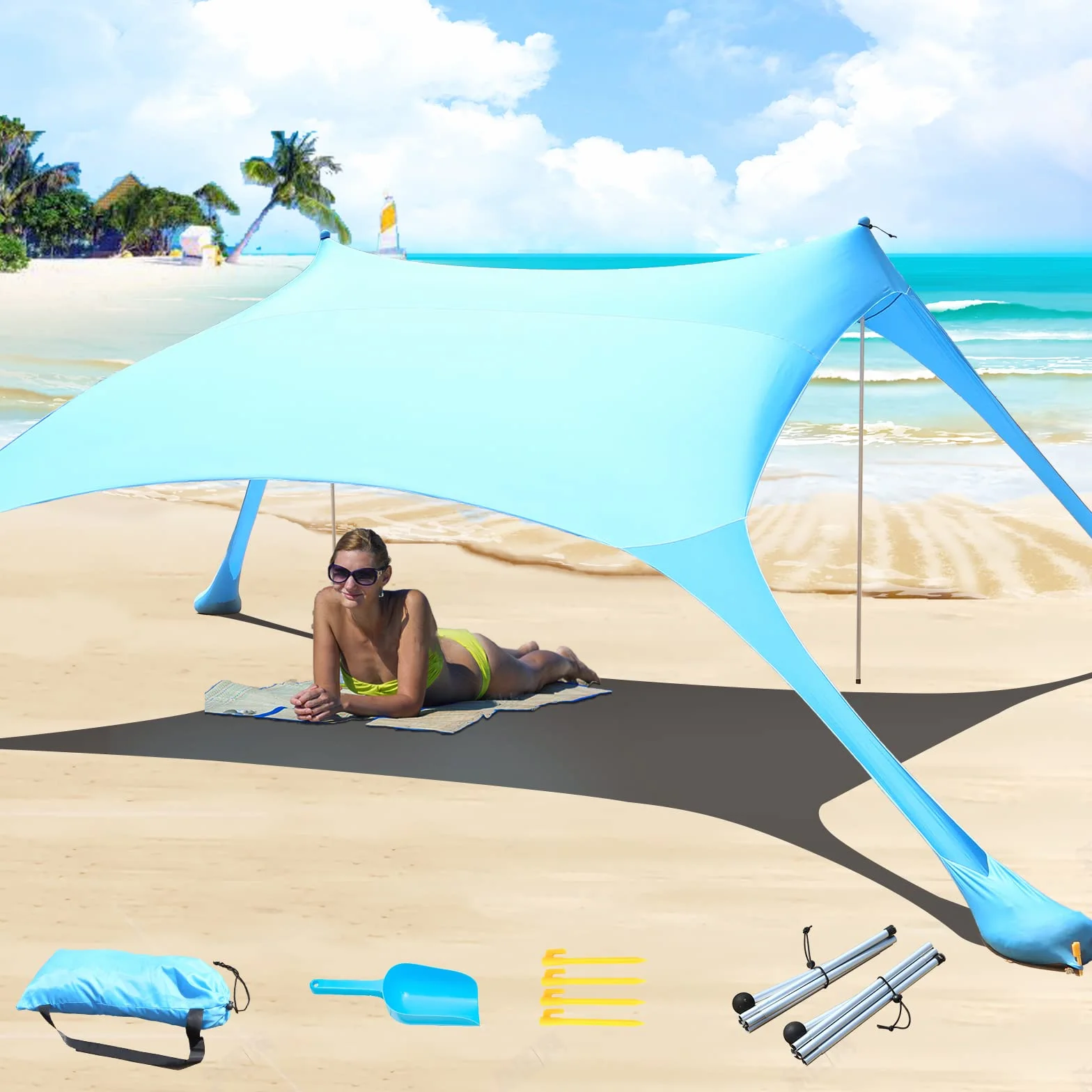 Strandzelt, Pop-Up, LSF 50, lycra, Sonnenschutz, für den Außenbereich, Anti-Wind, Sonnenschutz mit Stabilitätsstangen, Hinterhof mit Stranddecke, niebieski