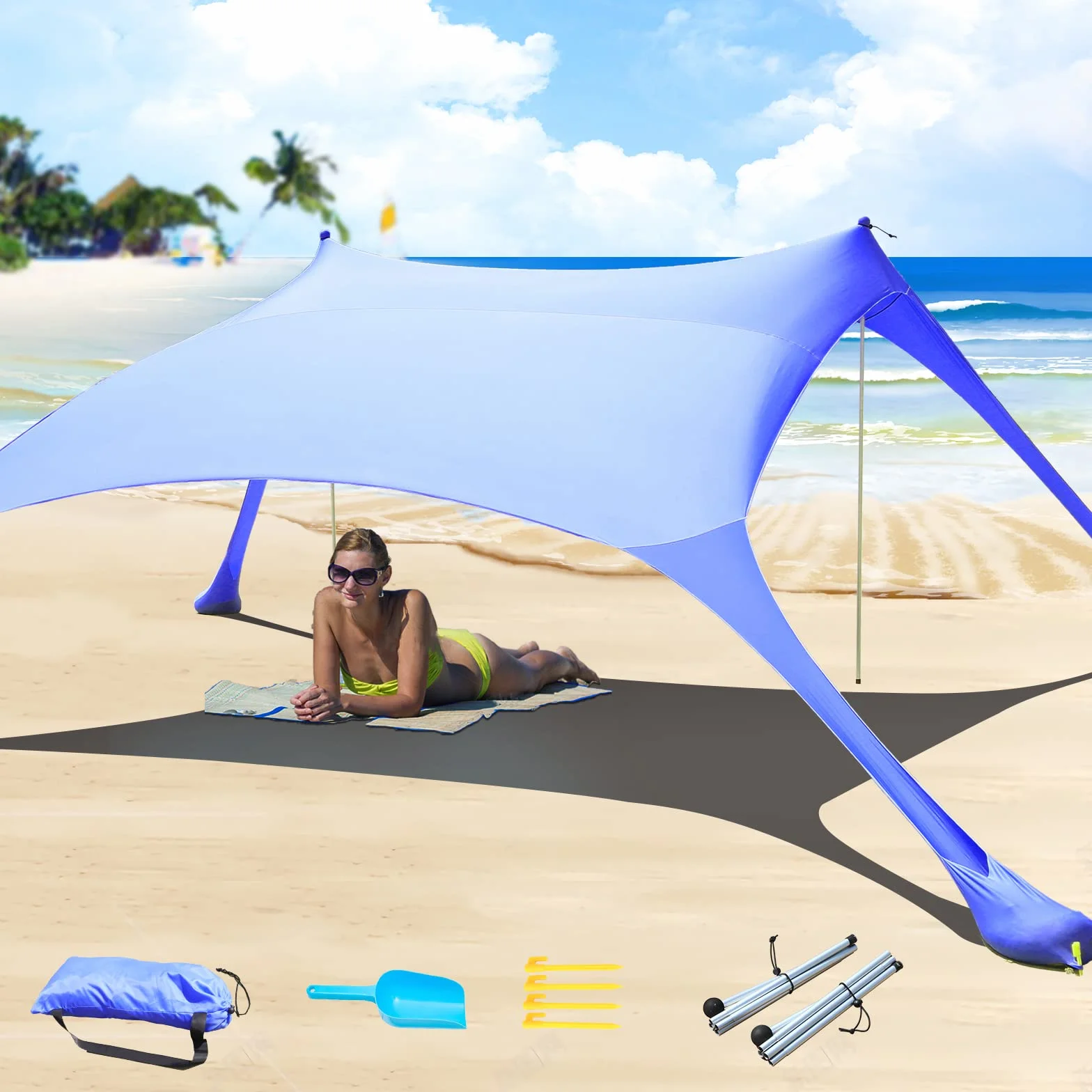 namiot plażowy, Pop-Up, 2x2,1 m, LSF 50, Lycra, ochrona przed słońcem, do użytku na zewnątrz, antywiatrowy, ochrona przed słońcem z prętami stabilizującymi, podwórko z plażową poszewką