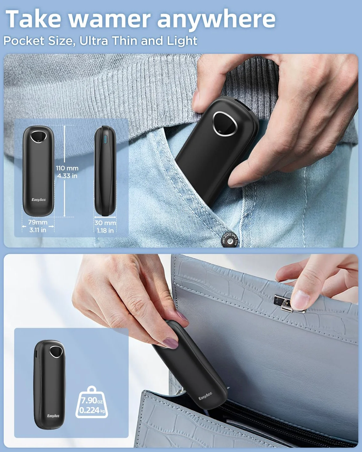 EasyAcc Ogrzewacz do rąk, wielokrotnego użytku, 2 x 5000 mAh Przenośny elektryczny ogrzewacz do rąk, wielokrotnego użytku, kieszonkowy / USB-C/Power Bank, prezent dla Raynauda Narciarstwa