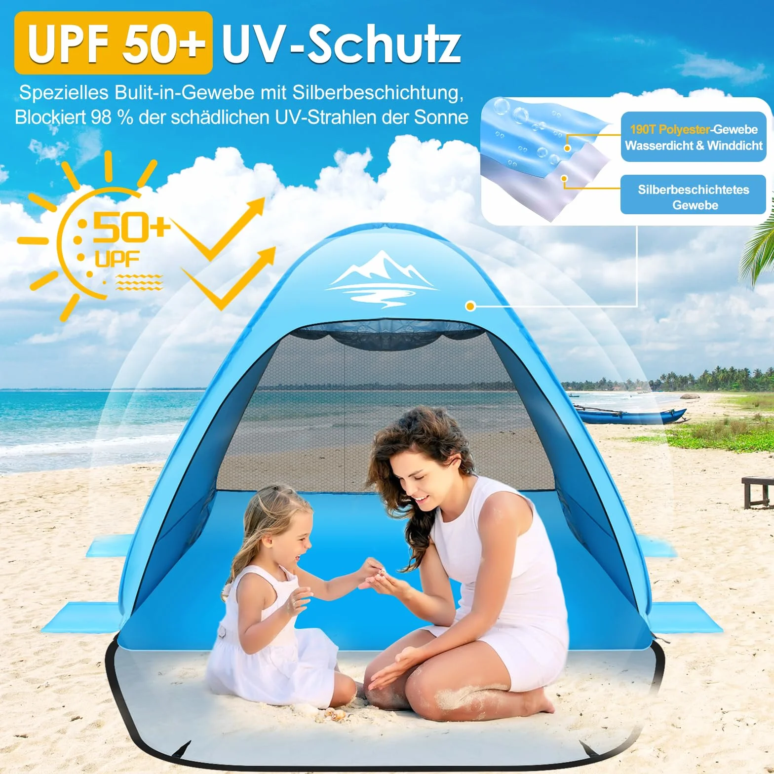 MAXDONE Namiot plażowy typu muszla plażowa, dla 1-2 osób, ochrona przed promieniowaniem UV50+, dla rodzin, na plażę, do ogrodu, na kemping