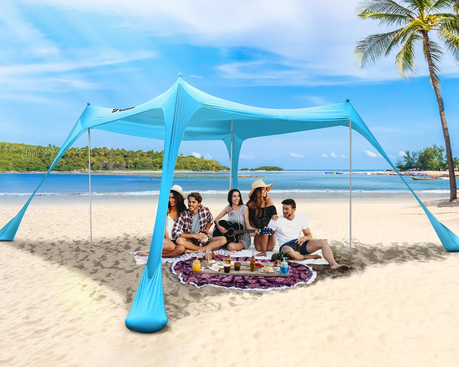 Markiza plażowa Namiot przeciwsłoneczny Sportneer 10 x 10 FT Namiot plażowy Markiza plażowa Parasol przeciwsłoneczny UPF50+ z 4 drążkami stabilnymi łopatą do piasku