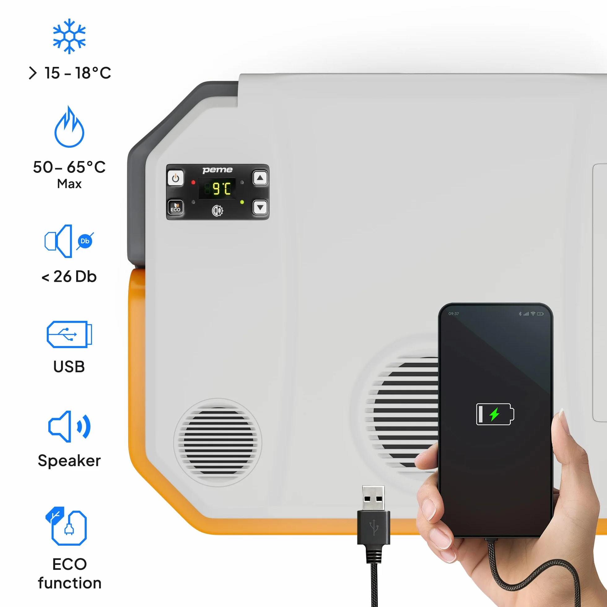 peme Elektryczna Lodówka Turystyczna Termoelektryczna Podróżna Chłodzenie i Podgrzewanie Jedzenia 65°C Podwójne Zasilanie Port USB Głośnik do Samochodu Auta Kampera Kemping 12 220 V 31,5L – Trip