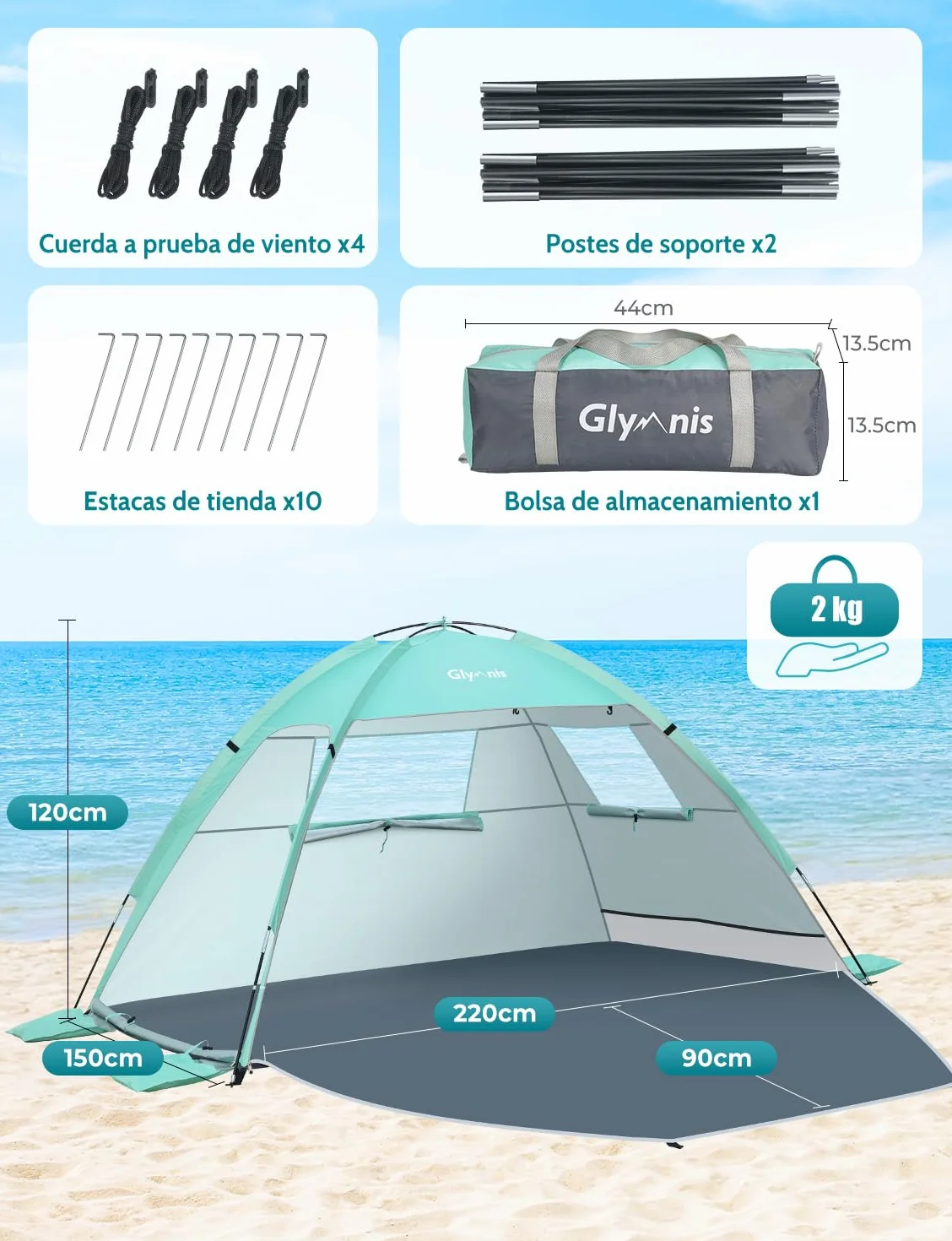 Glymnis Namiot plażowy z 2 drzwiami z zamkiem błyskawicznym, ochrona przed promieniowaniem UV UPF50+, ochrona przed wiatrem, mały rozmiar po spakowaniu, namiot plażowy dla 2-3 osób