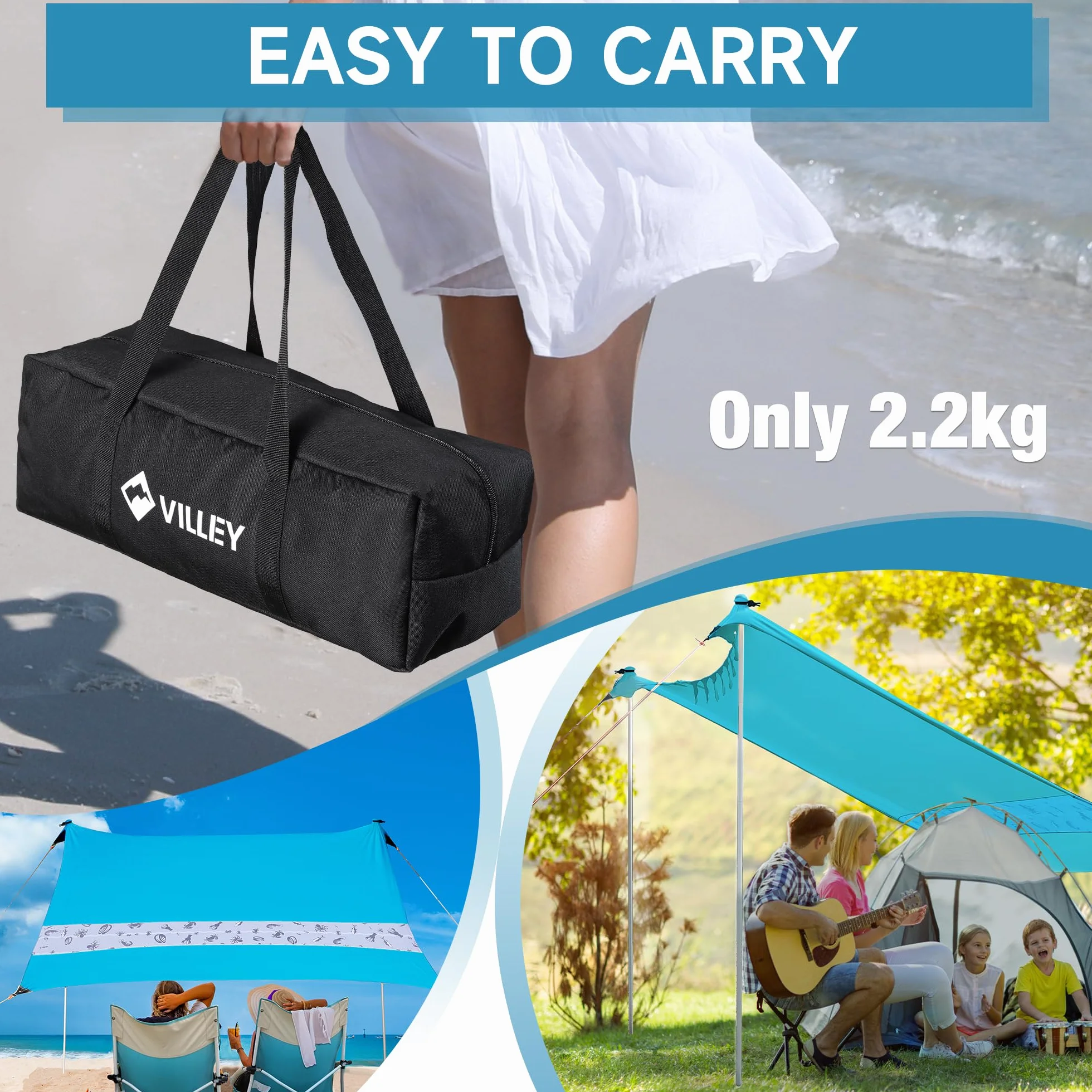 VILLEY Namiot plażowy dla 1-3 osób, przenośny schronienie plażowe 2,4 m x 2 m z 2 aluminiowymi drążkami, UPF50+ abażur plażowy ze wzmocnionymi narożnikami, idealny na plażę, kemping, piknik (niebieski
