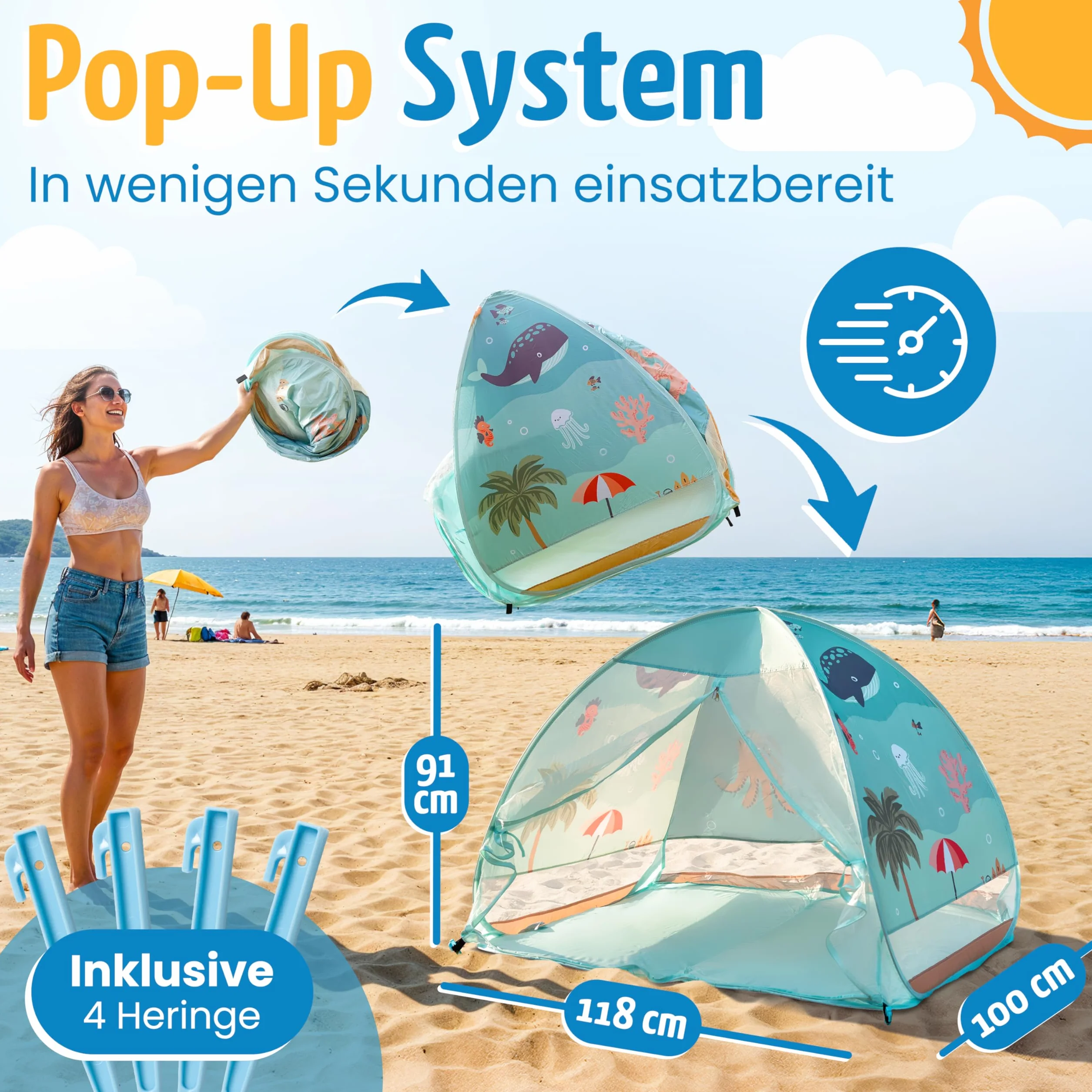 Namiot plażowy z ochroną UV 50+ dla dzieci, niemowląt i maluchów – namiot typu pop-up z torbą transportową i śledziami – osłona przeciwwiatrowa, kompaktowy rozmiar (UnderwaterLife)