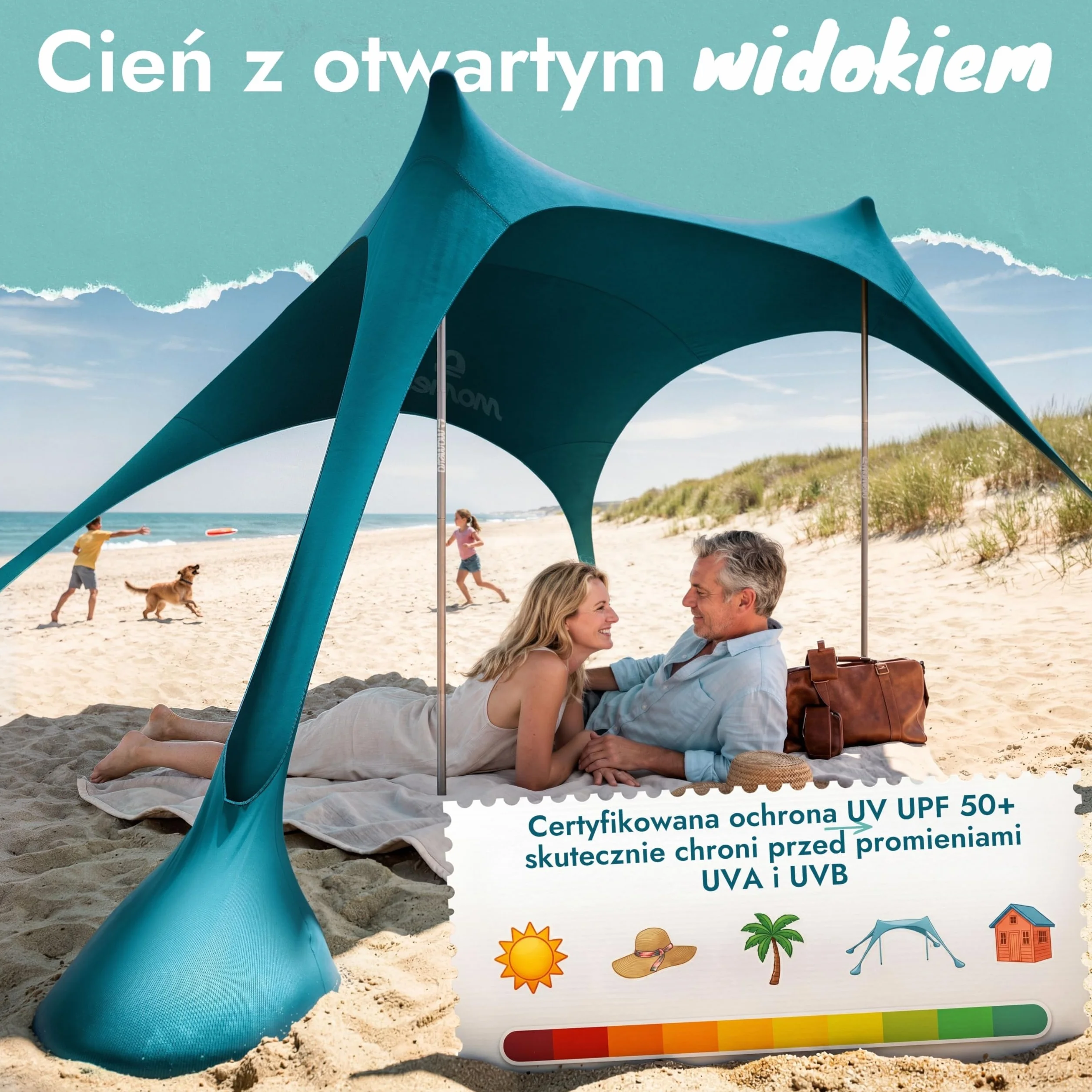 Sunsail Young Family namiot plażowy – żagiel przeciwsłoneczny na plażę z certyfikowaną ochroną UV UPF50+ (do 4 osób, kolor petrolowy)