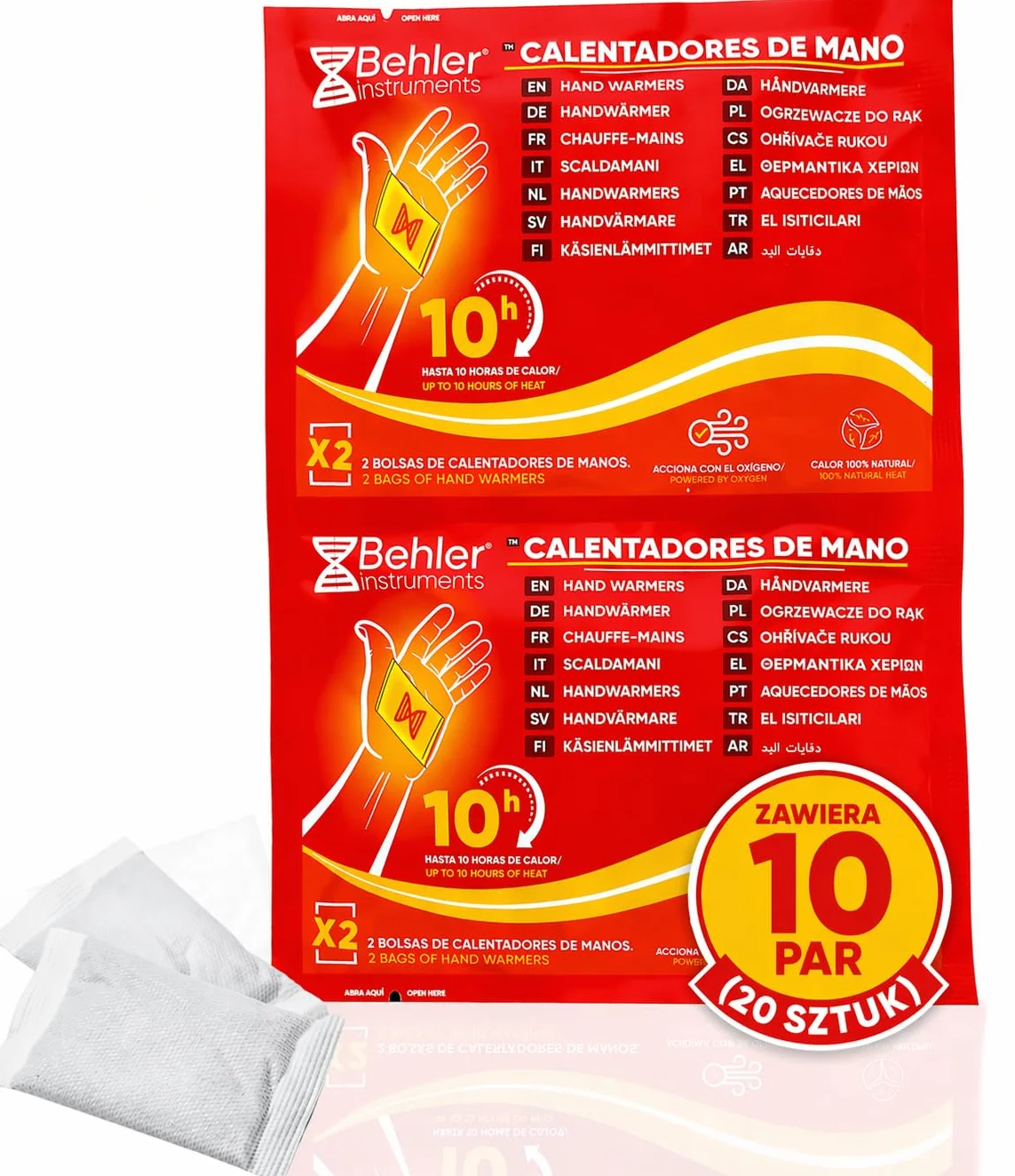 Ogrzewacze do Rąk 10 Par (20 szt.) – Jednorazowe Hand Warmers do 10h Ciepła – Aktywowane Powietrzem, Bez Baterii – Na Narty, Snowboard, Wędkowanie, Camping – Kieszonkowe Ogrzewacze Zimowe – Behler