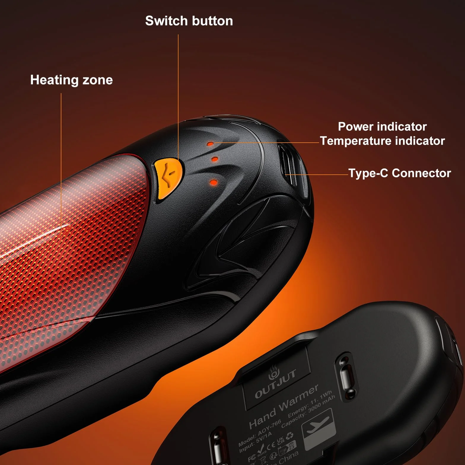 Ogrzewacz do rąk, Możliwość ponownego ładowania OUTJUT, 2 sztuki 6000mAh, Przenośny ogrzewacz do kieszeni, 3 tryby ogrzewania, Szybkie nagrzewanie, Idealny ciepły prezent do uprawiania sportów na