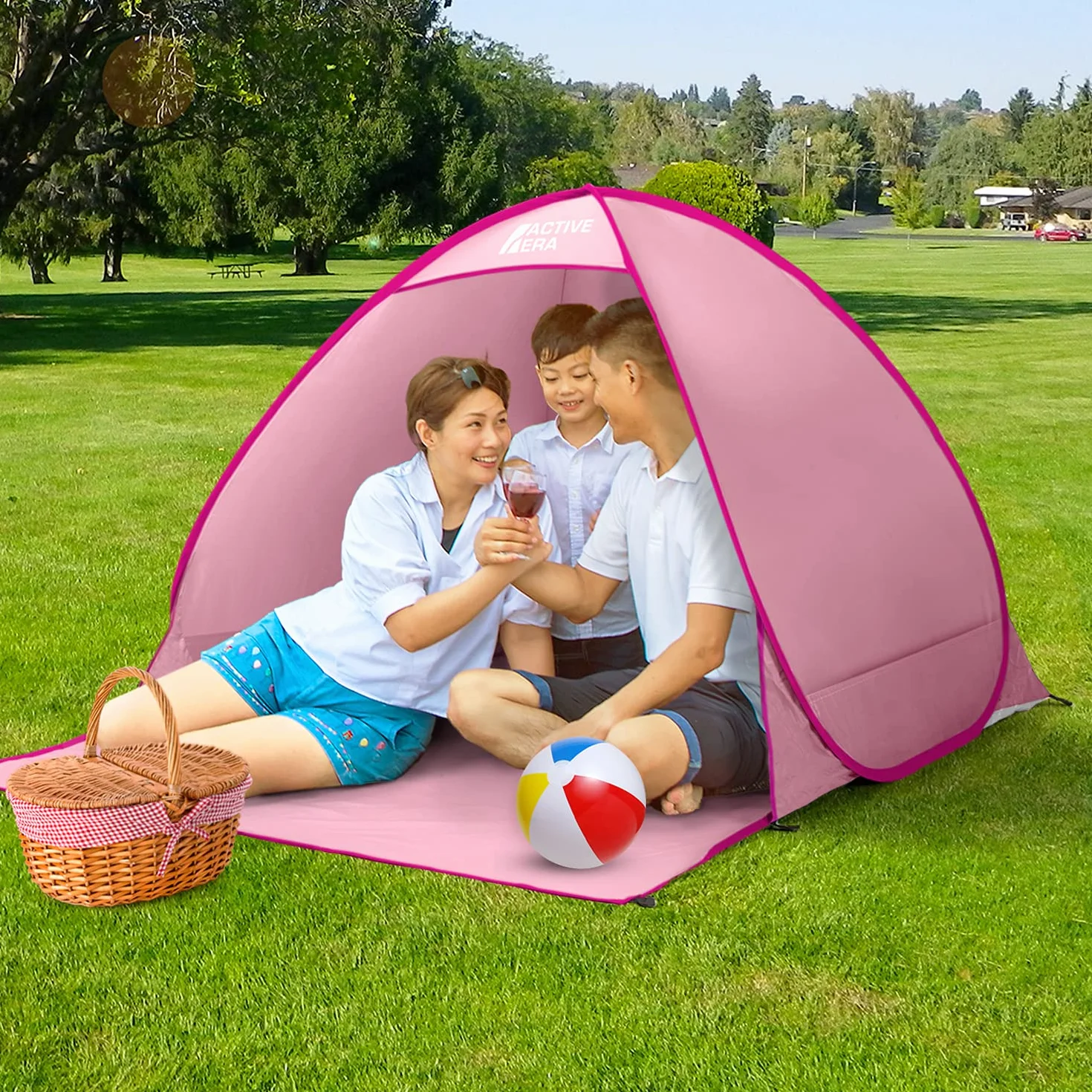 Namiot Plażowy Pop-Up, Samorozkładający, 2 3 Osobowy, Ogrodowy Dla Dzieci Na Plażę Dorosłych, Kempingowy Rozkładany Lekki Przeciwsłoneczny UPF 50+, z Moskitierą, Osłona przed Promieniowaniem, Różowy