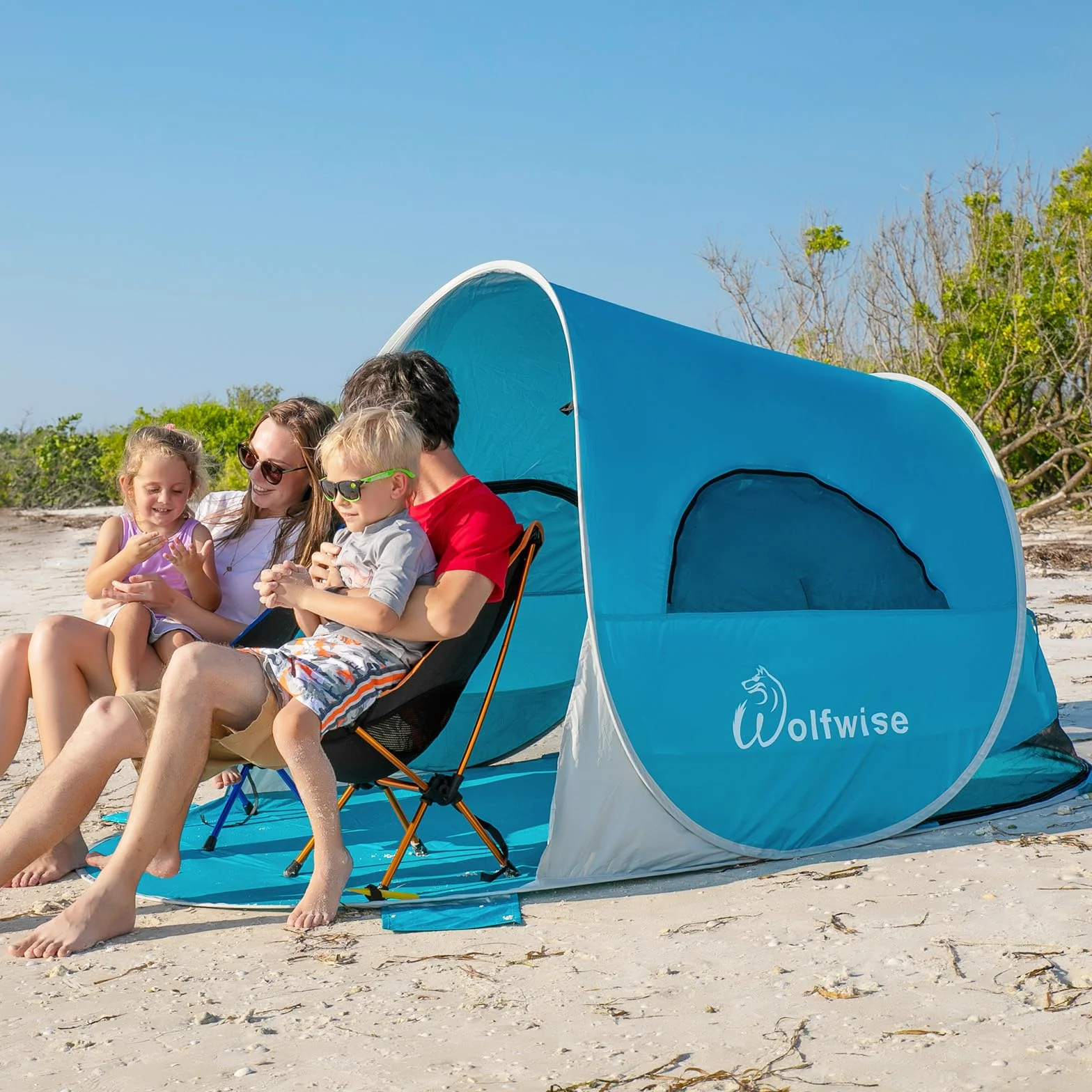 Wolfwise Pop Up 3-4 Personen Strandmuschel, UPF 50+ UV Schutz Familien Baby Strandzelt Sonnenschutz Schirm, Selbstaufbauend Tragbar Blau