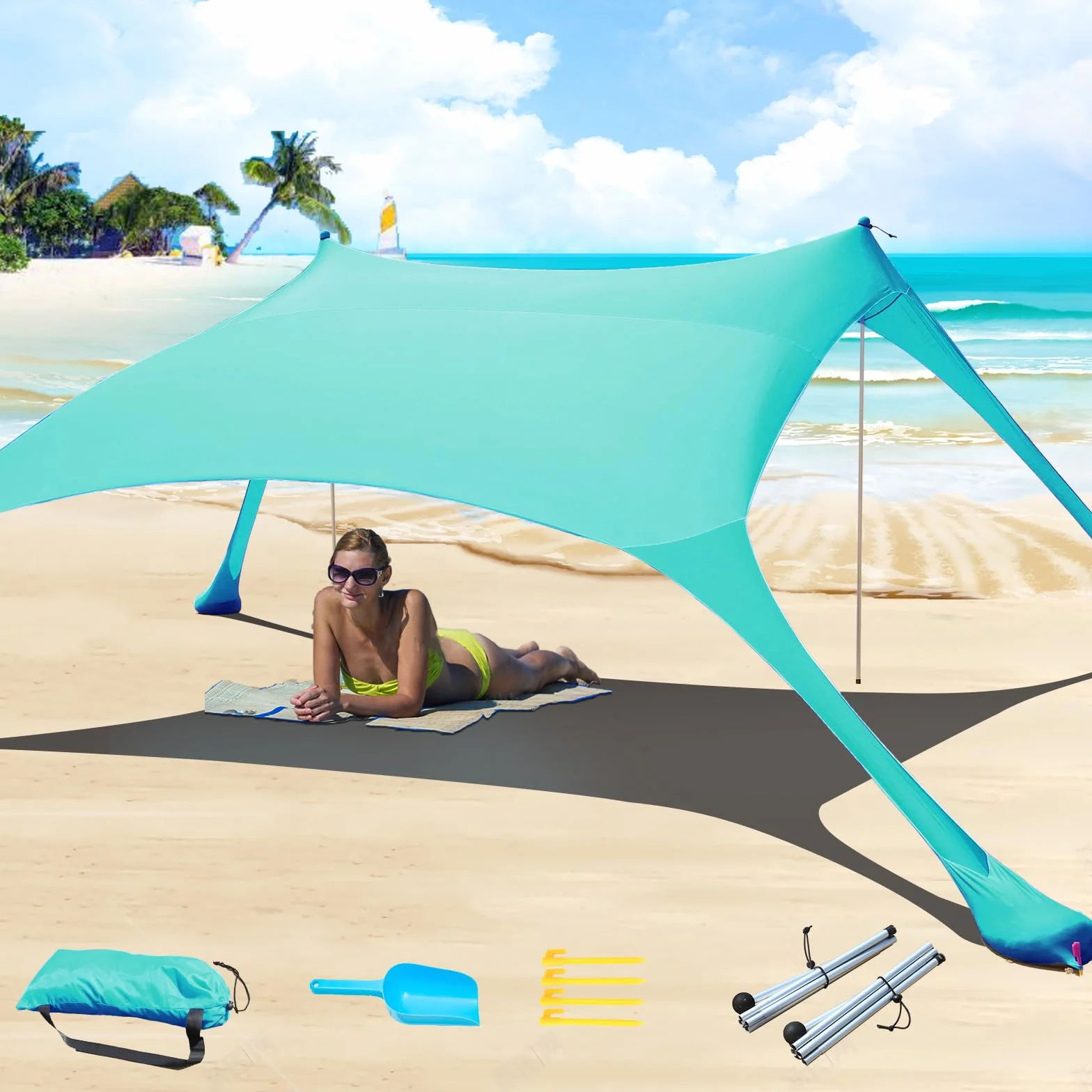 Namiot plażowy UPF50+ ochrona przed promieniowaniem UV, mały namiot przeciwsłoneczny z 2 drążkami, na kemping, plażę, wędkowanie, podwórko i piknik, turkusowy