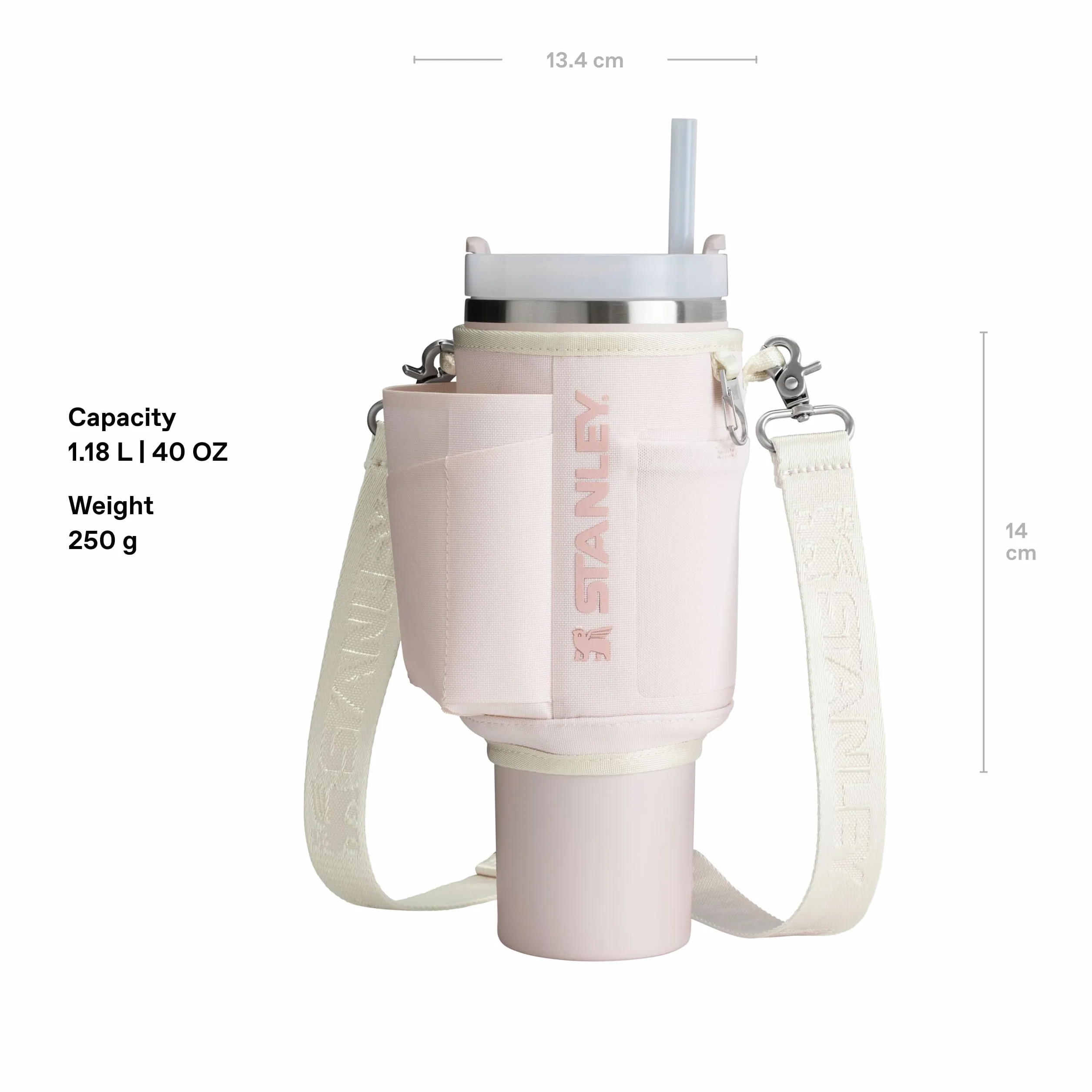 Stanley 1913 All Day Quencher Carry-All 1.18L – 2 zatrzaski – kieszeń na telefon – kieszeń na karty – karabińczyk na klucze – odpinany pasek na ramię – różowy kwarc