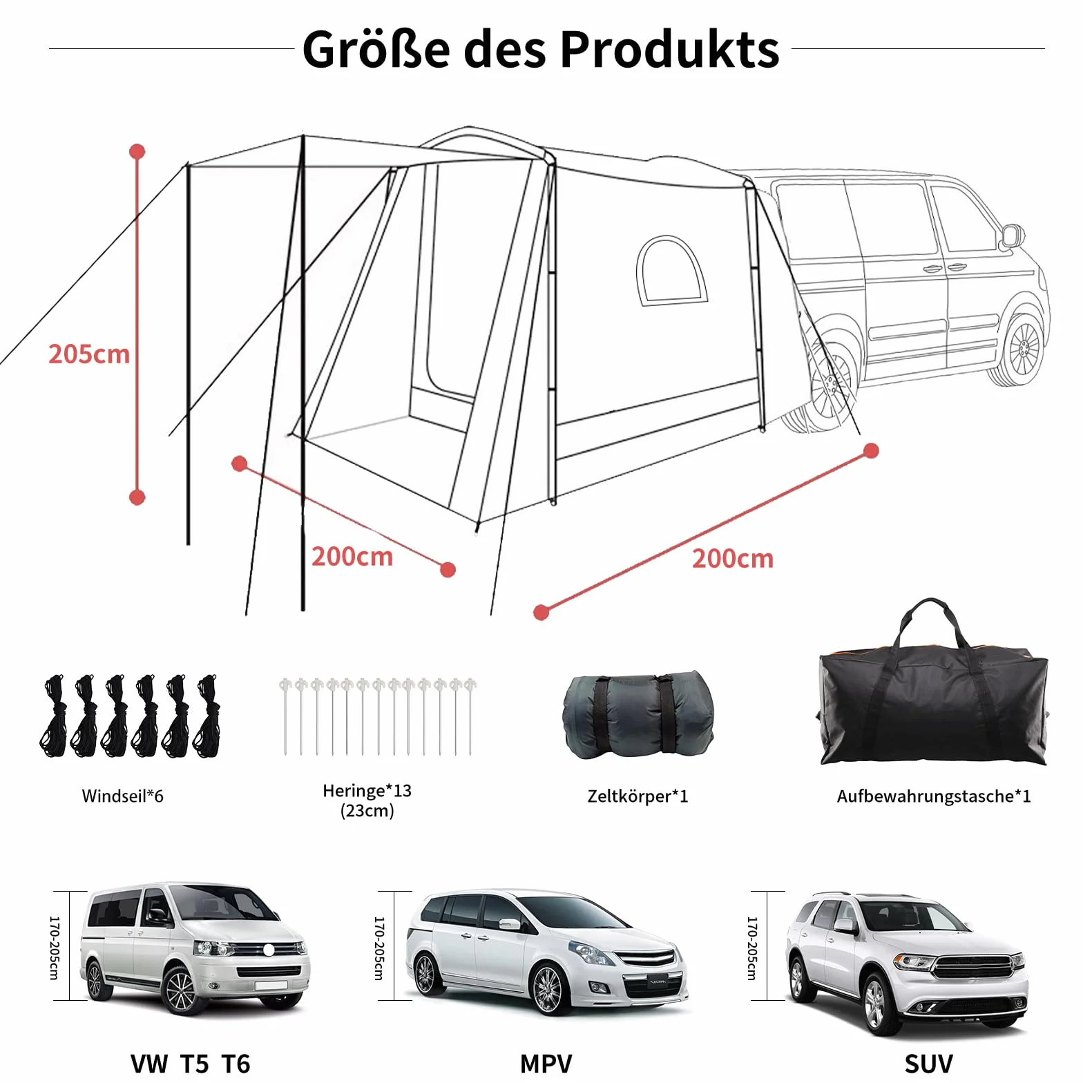 Namiot samochodowy 200 x 200 x 205 cm, namiot samochodowy do VW T5 T6, namiot na tylną klapę dla 2-3 osób, namiot tylny jest wodoszczelny do 3000 mm, SPF 35+, przedsionek samochodowy do VW T5 T6, Car