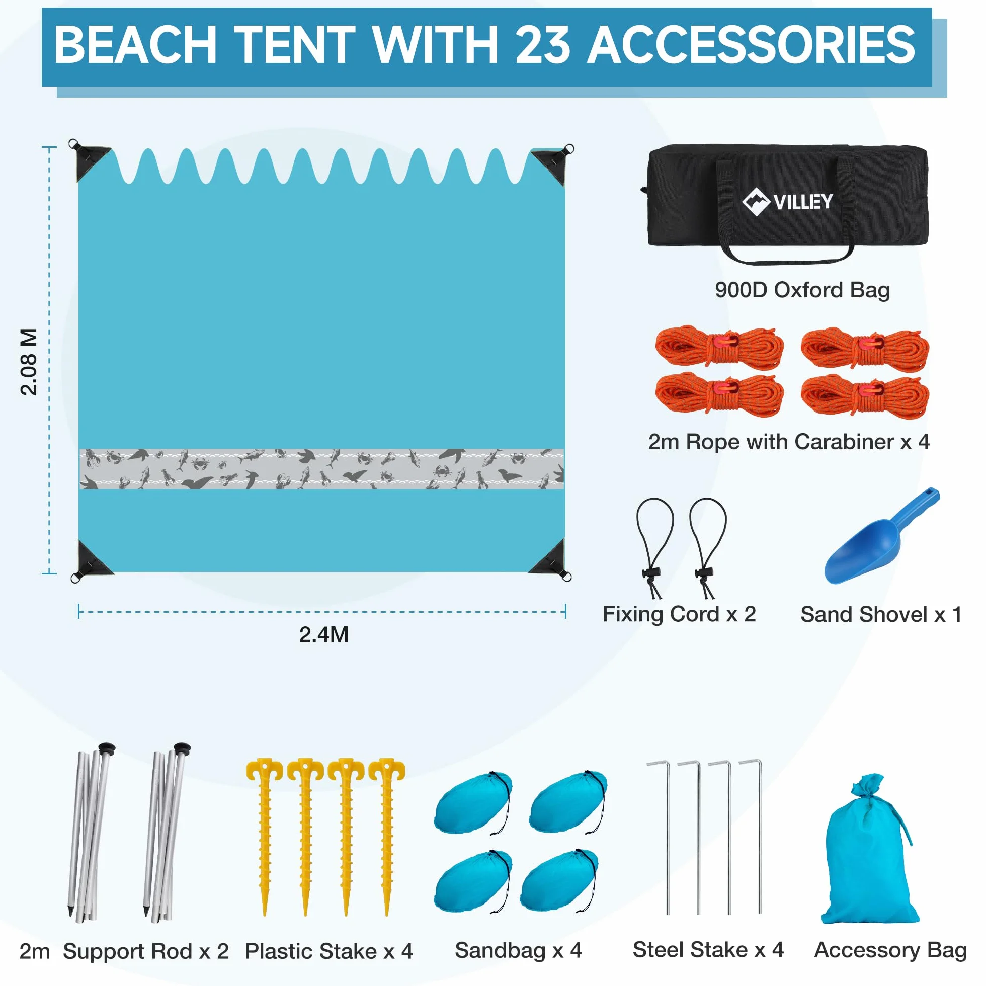 VILLEY Namiot plażowy dla 1-3 osób, przenośny schronienie plażowe 2,4 m x 2 m z 2 aluminiowymi drążkami, UPF50+ abażur plażowy ze wzmocnionymi narożnikami, idealny na plażę, kemping, piknik (niebieski