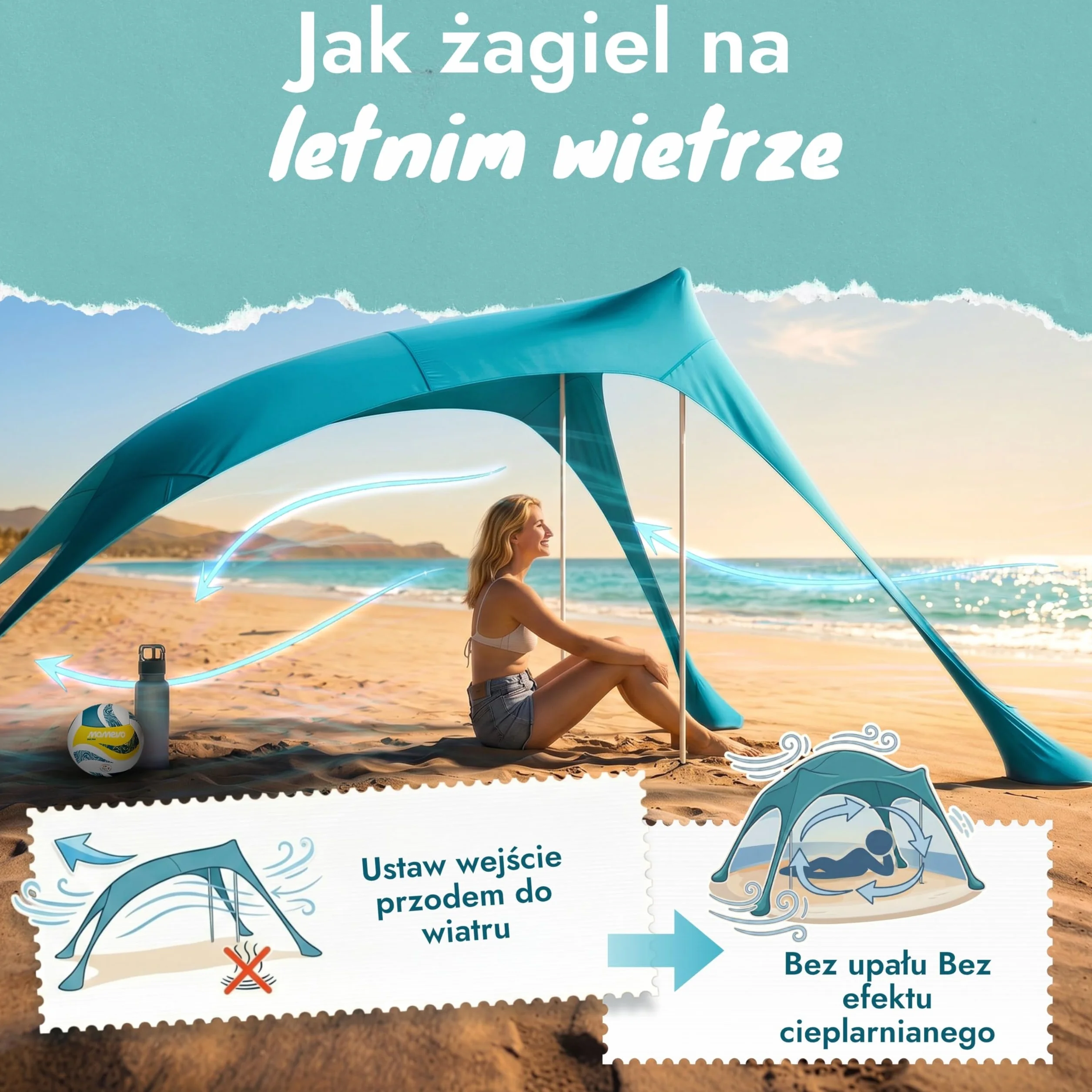 Sunsail Young Family namiot plażowy – żagiel przeciwsłoneczny na plażę z certyfikowaną ochroną UV UPF50+ (do 4 osób, kolor petrolowy)